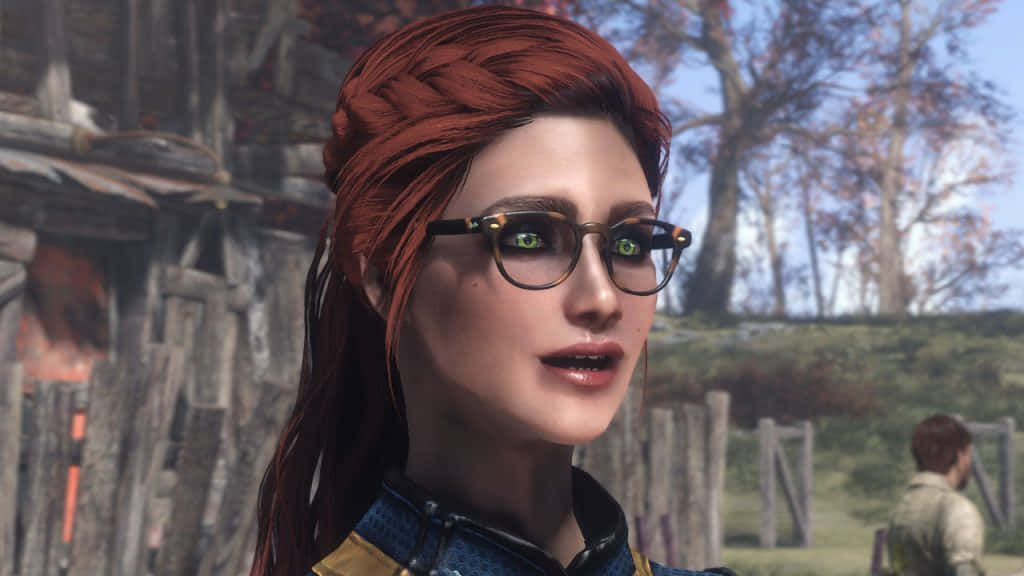 Fallout Characters 桌布 壁紙 — 一位紅辮髮、戴眼鏡的女性，在一個有木結構和樹木的鄉村戶外環境中若有所思地凝視。