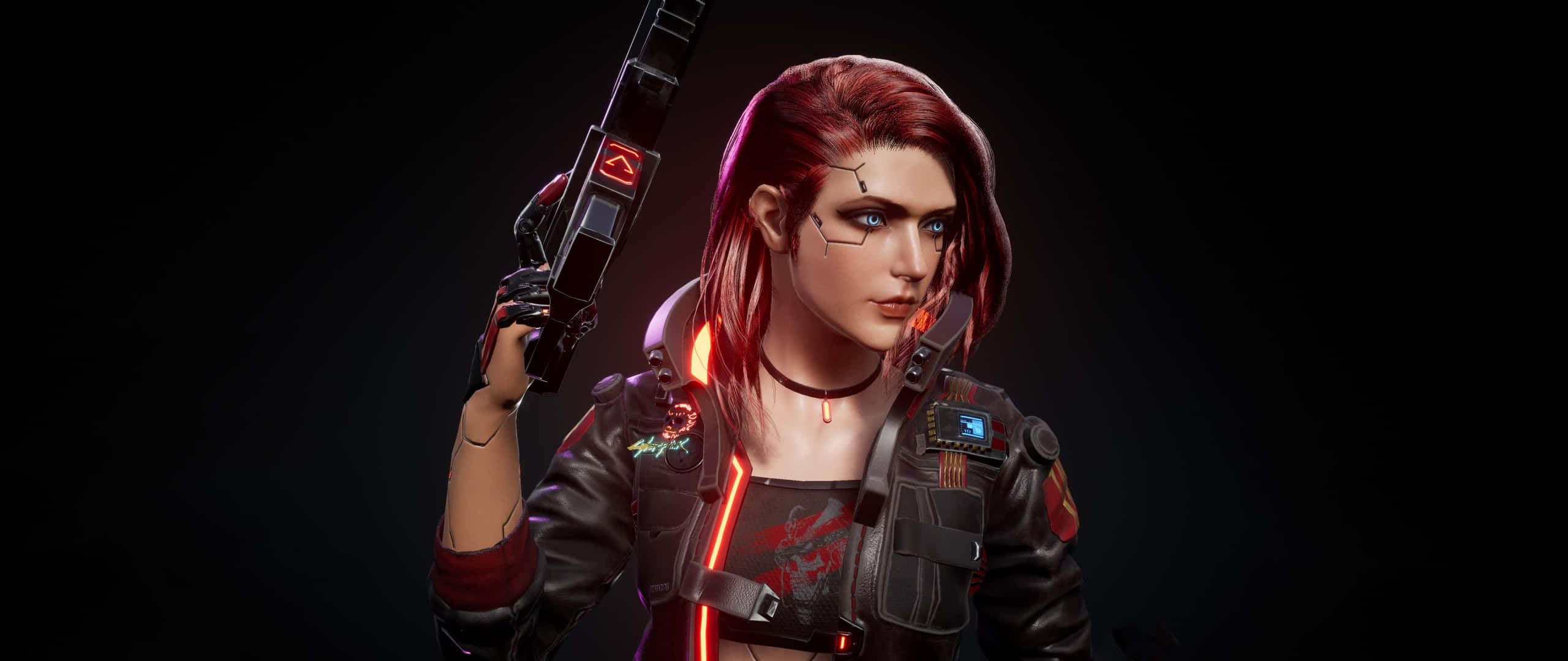 Dark Cyberpunk 桌布 壁紙 — 一位紅髮、帶有發光義體的賽博朋克女性，在黑暗背景中手持未來感槍械。