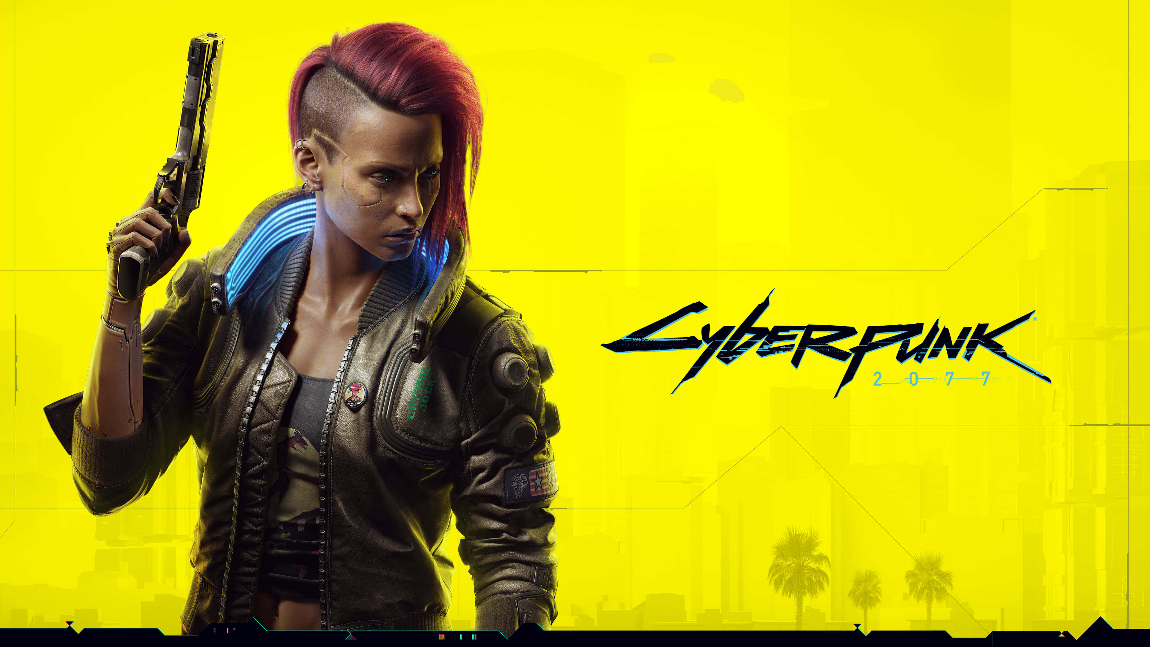 Cyberpunk 2077 Characters 桌布 壁紙 — 一位紅髮、擁有機械手臂的賽博龐克女性，在霓虹黃色城市景觀背景下手持手槍。