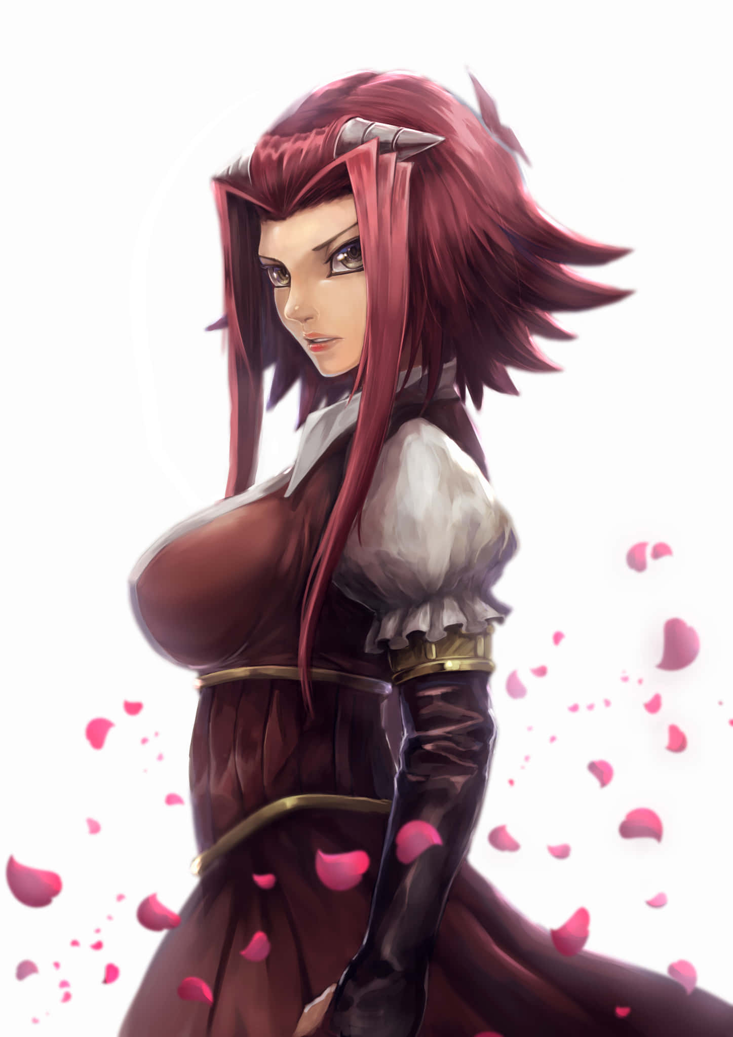 Akiza Izinski 桌布 壁紙 — 一位紅髮、有角、穿著深色連衣裙的動漫女性站在白色背景前，周圍飄落著粉紅色的花瓣。