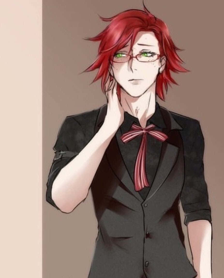 Grell Sutcliff 桌布 壁紙 — 一位紅髮、綠眼、戴眼鏡的動畫男子，身穿黑色西裝配紅色蝴蝶結，正觸摸自己的脖子。