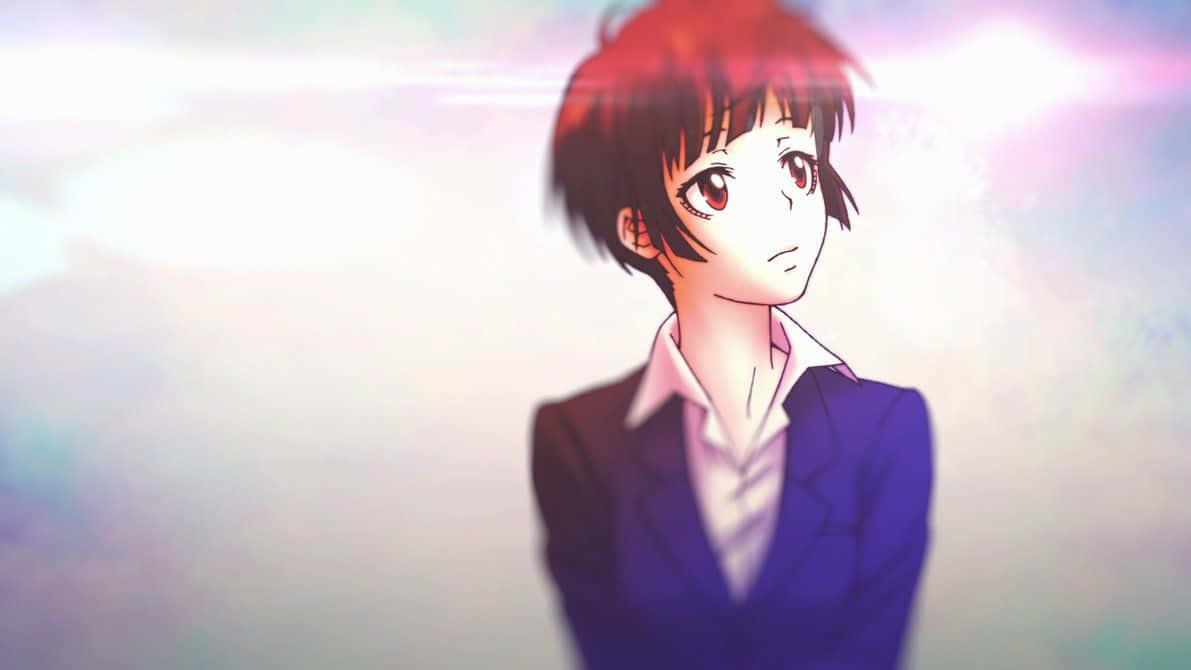 Akane Tsunemori 桌布 壁紙 — 一位紅髮、身穿紫色西裝外套的年輕動漫女孩，在柔和的粉彩天空下若有所思地凝視著。