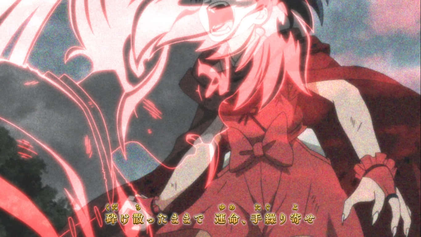 Setsuna 桌布 壁紙 — 一位紅髮動漫女孩，周圍環繞著發光的紅色能量條，在黑暗的天空下擺出動態戰鬥姿勢。
