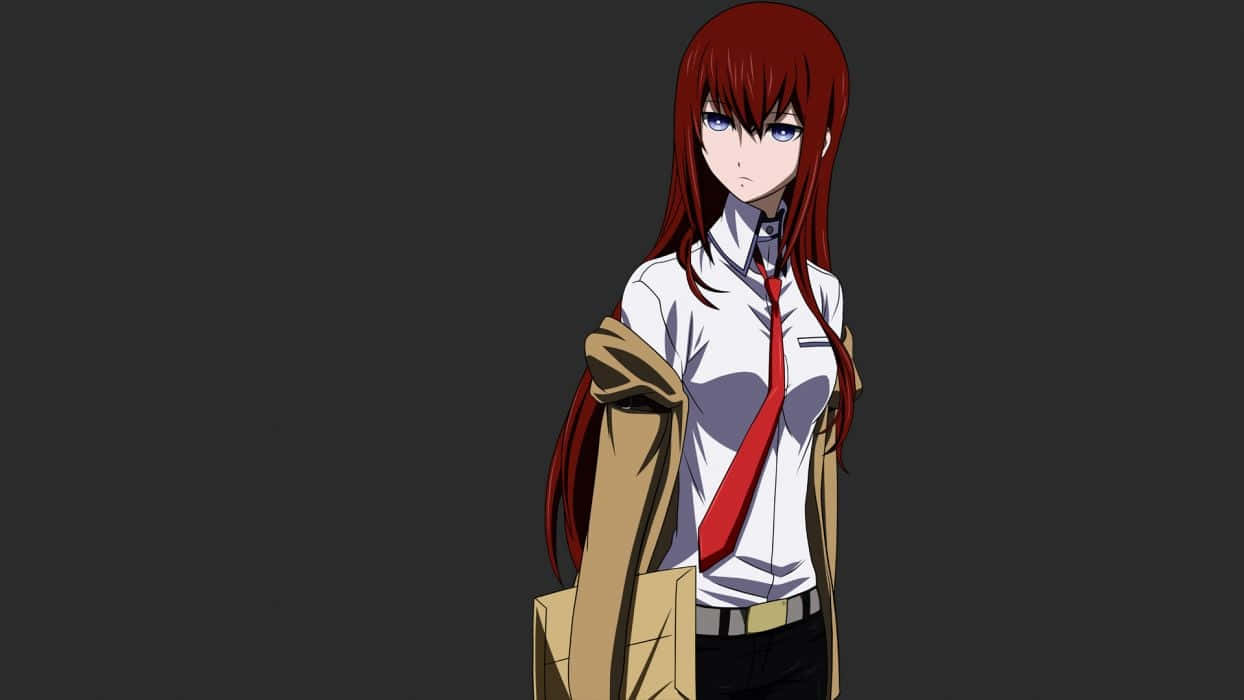 Steins Gate 桌布 壁紙 — 一位紅髮動漫女孩，身穿白襯衫、紅領帶和米色外套，站在深灰色背景前，表情嚴肅。