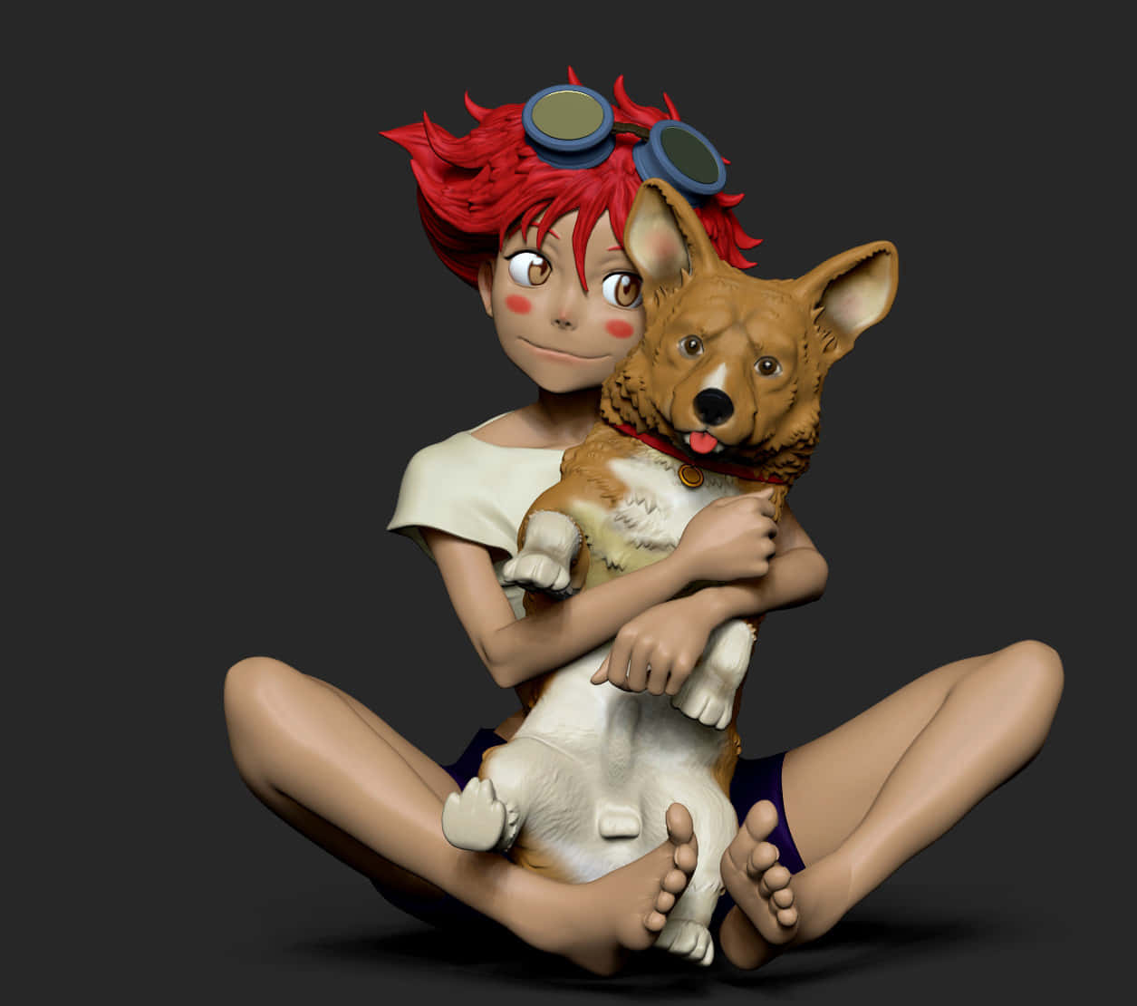 Cowboy Bebop Ein 桌布 壁紙 — 一位紅髮動漫女孩，頭上戴著護目鏡，盤腿坐著，懷裡抱著一隻快樂的柯基犬，背景為深灰色。
