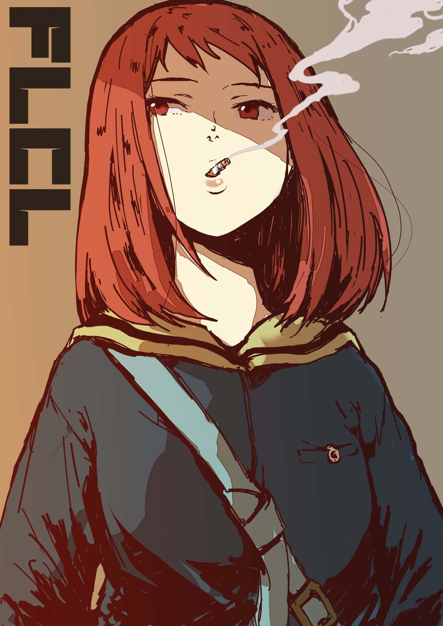Mamimi Samejima 桌布 壁紙 — 一位紅髮動漫女孩叼著煙，冷靜地抽煙，煙霧從她的嘴唇繚繞，背景柔和。