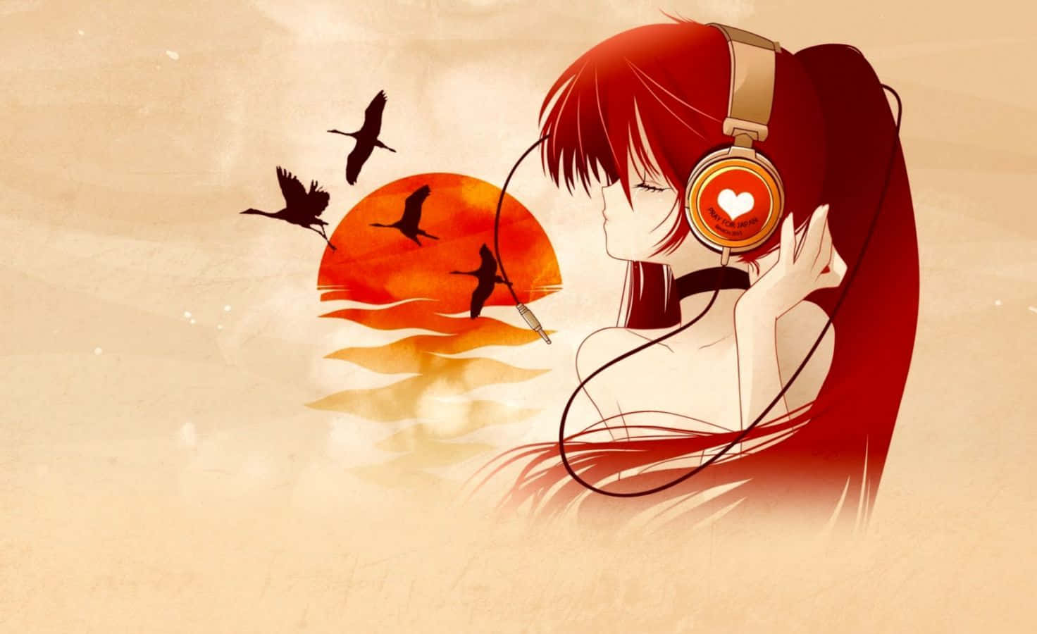 Cute Music 桌布 壁紙 — 一位紅髮動漫女孩戴著耳機聽音樂，鳥兒在溫暖的夕陽海上飛翔。