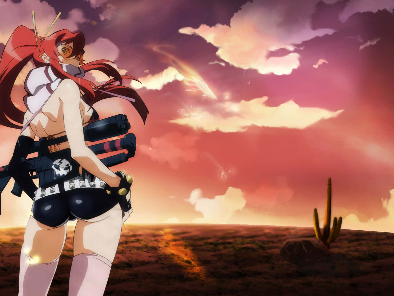 yoko littner 桌布 壁紙 — 一位紅髮動漫女孩手持武器，站在夕陽下的沙漠中，身後有仙人掌和火紅的天空。