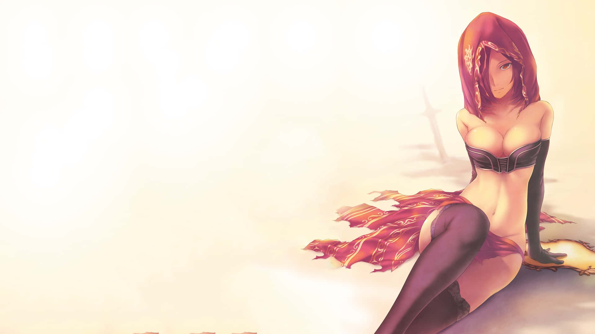 Dark Souls Emerald Herald 桌布 壁紙 — 一位紅髮動漫女孩穿著暴露的衣服，優雅地坐在明亮朦朧的表面上，背景中有一把劍。