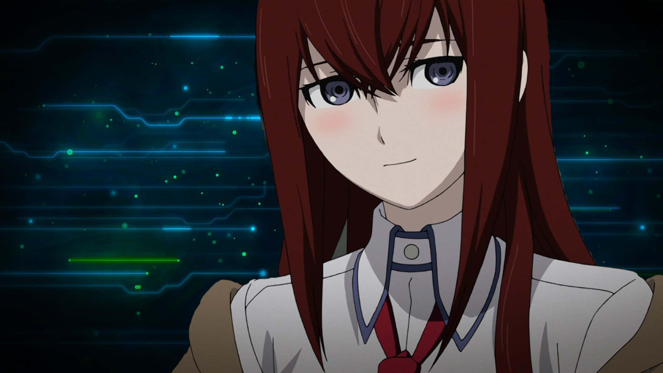 kurisu makise 桌布 壁紙 — 一位紅髮動漫女孩穿著校服，凝視前方，背景是發光的藍色數碼電路。