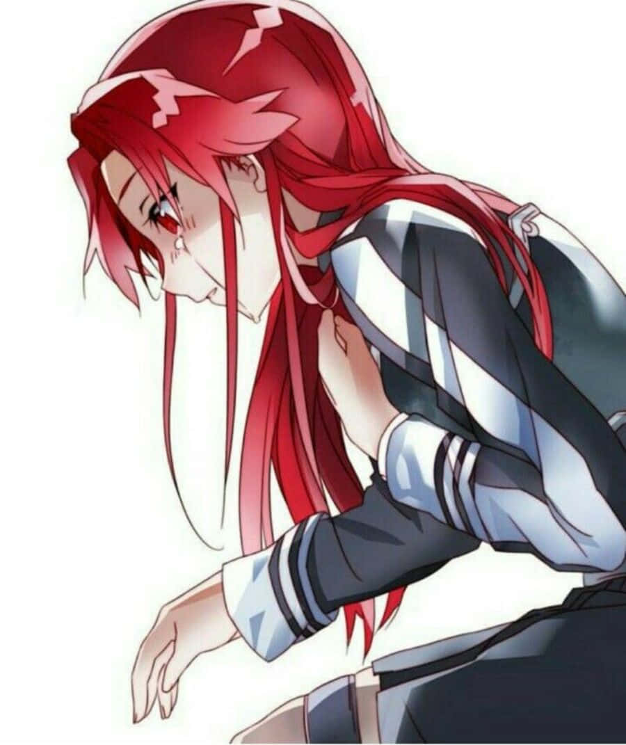 Tiese Shtolienen 桌布 壁紙 — 一位紅髮動漫女孩穿著校服，在純白背景前向前傾，帶著沉思的表情。