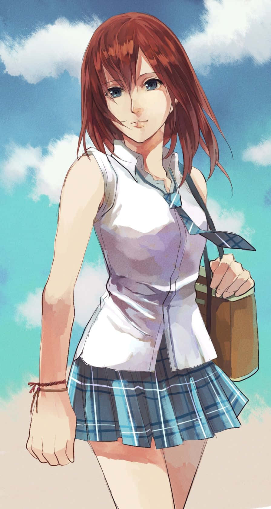 Kingdom Hearts Kairi 桌布 壁紙 — 一位紅髮動漫女孩穿著校服，在藍天白雲下溫柔微笑。