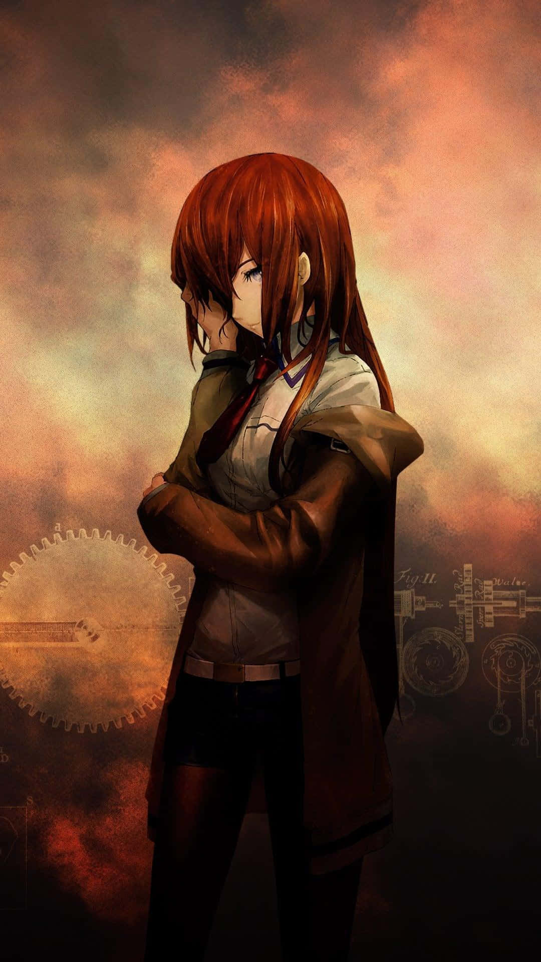Steins Gate 桌布 壁紙 — 一位紅髮動漫女孩穿著校服，雙臂交叉，站在火熱的橙色和棕色多雲天空背景下，帶有機械齒輪圖案。