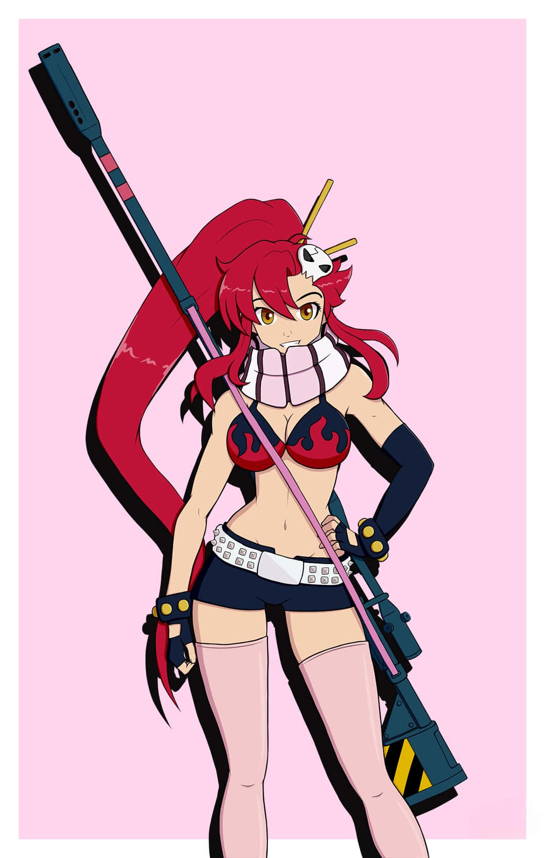 yoko littner 桌布 壁紙 — 一位紅髮動漫女孩穿著火焰圖案比堅尼和短褲，在純粉紅色背景前拿著一把大步槍。
