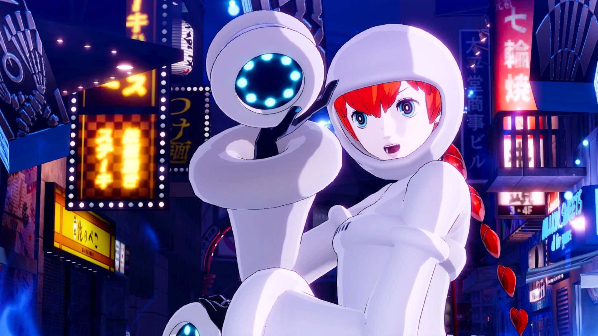 Persona 5 Strikers 桌布 壁紙 — 一位紅髮動漫女孩穿著白色西裝，在霓虹燈照亮嘅日本城市夜景中手持發光球體。