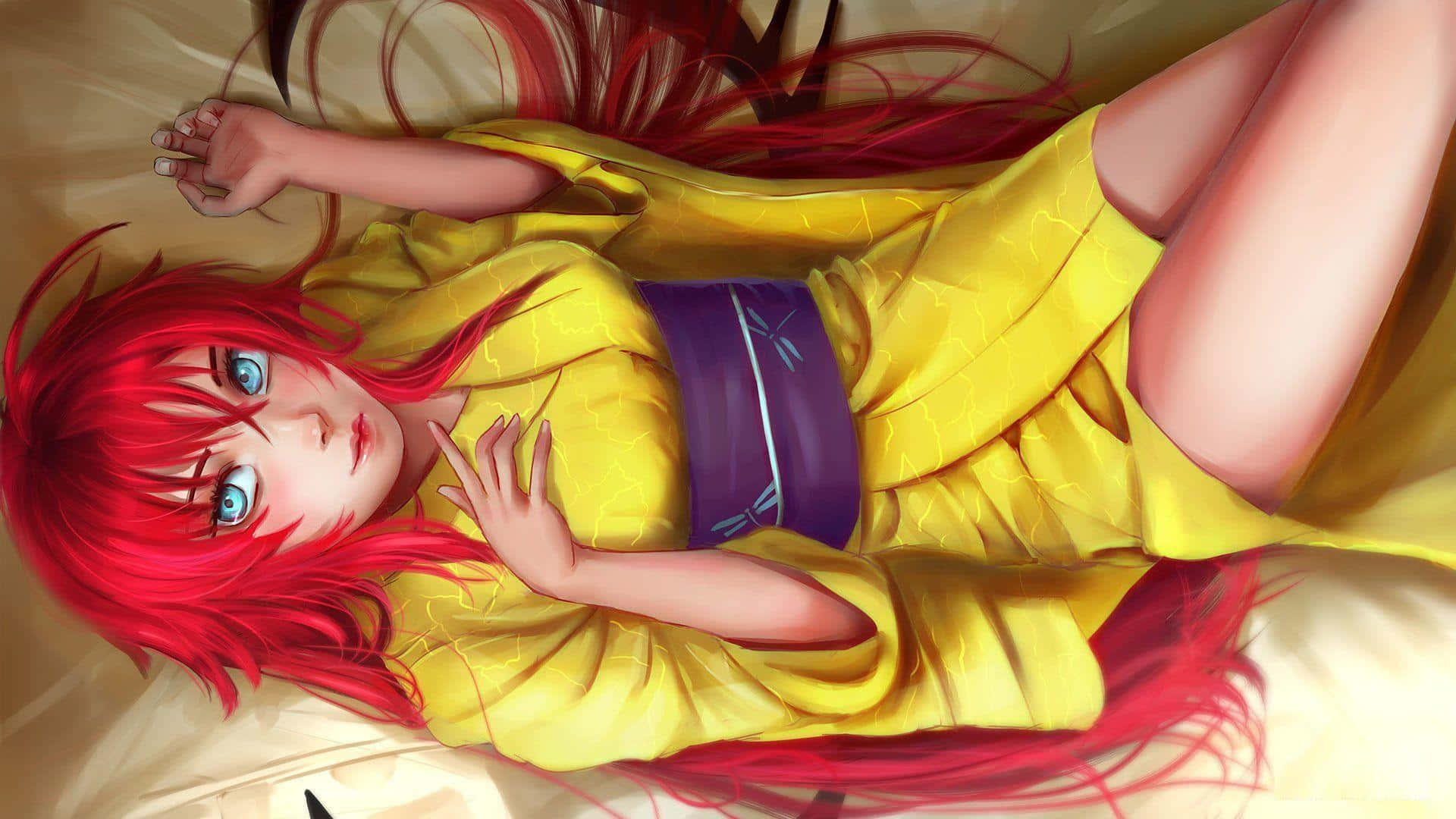 Rias Gremory 桌布 壁紙 — 一位紅髮動漫女孩穿著黃色和服，仰臥著，表情平靜。