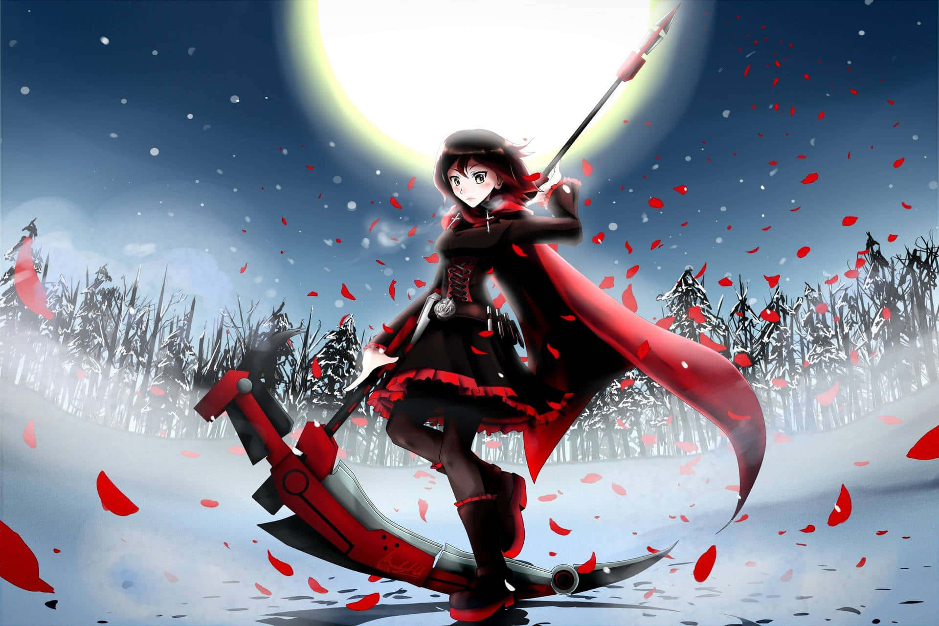 Rwby 桌布 壁紙 — 一位紅髮動漫女孩身穿黑紅鎧甲，在月光下花瓣飄落中手持長矛，姿態凜然。