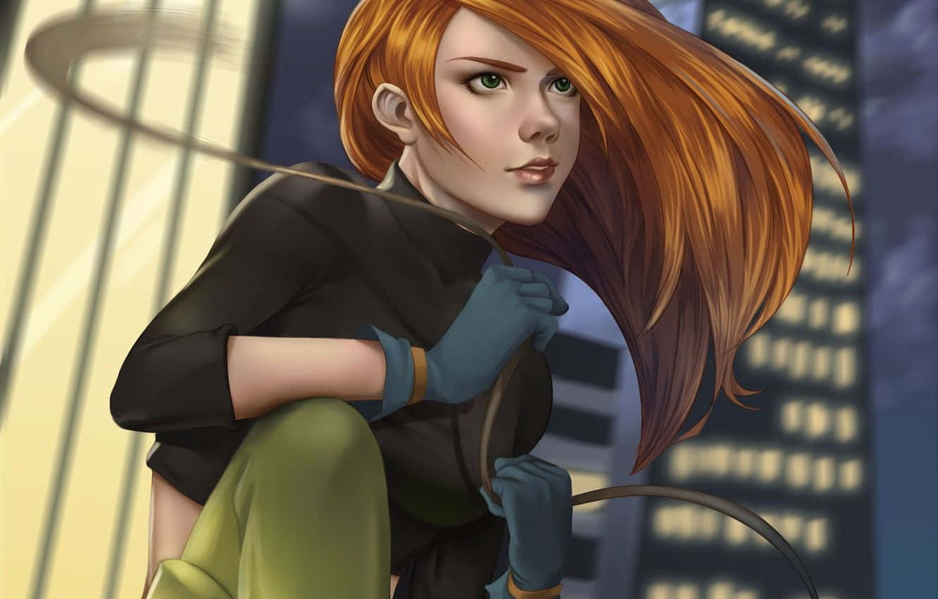 kim possible 桌布 壁紙 — 一位紅髮動漫女性穿著黑色服裝和藍色手套，在黃昏的城市天際線背景下蹲著手持鞭子。