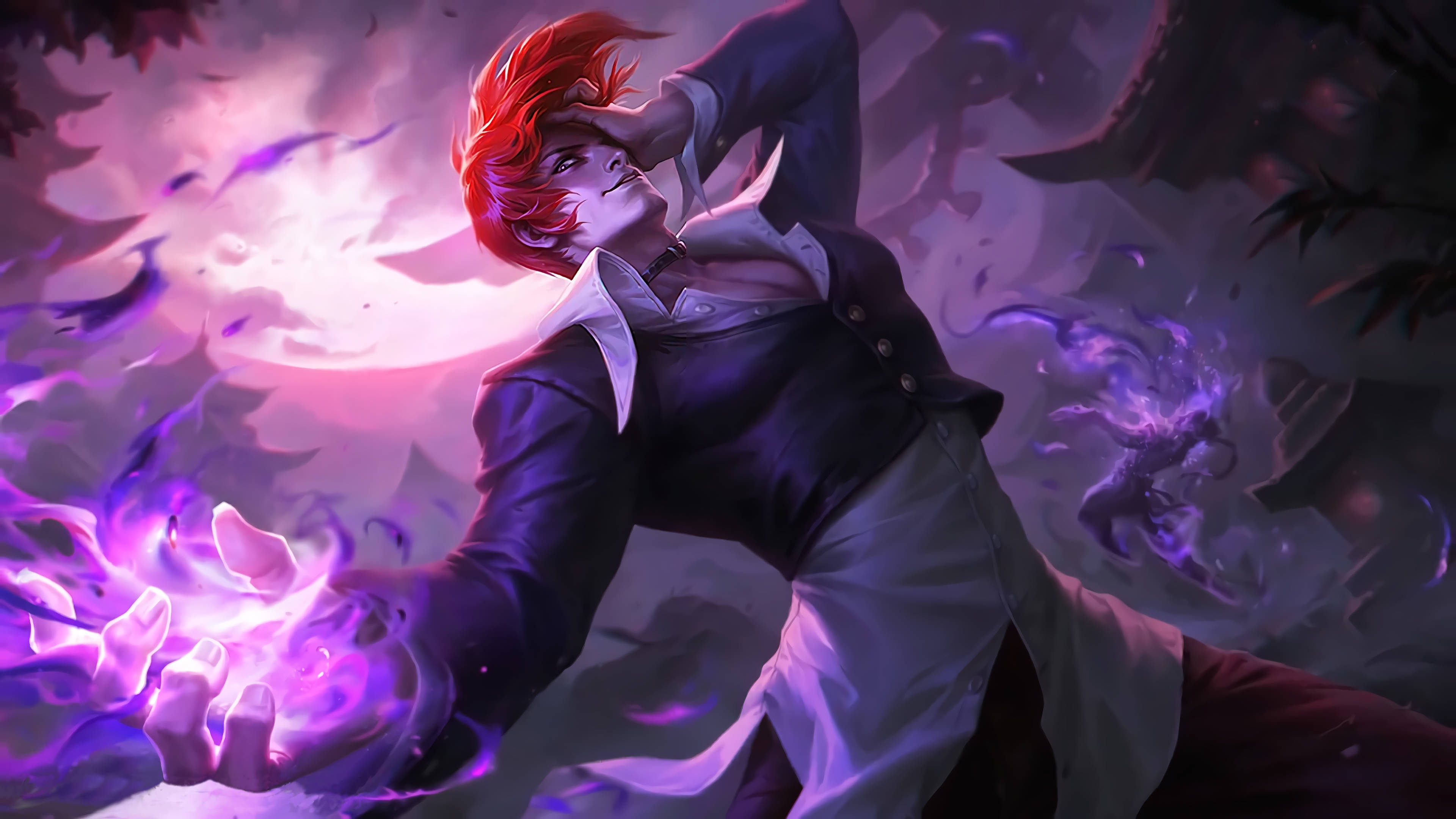 Mobile Legends 桌布 壁紙 — 一位紅髮動漫戰士在暴風雨黃昏背景下，以動態戰鬥姿勢引導發光的紫色能量。