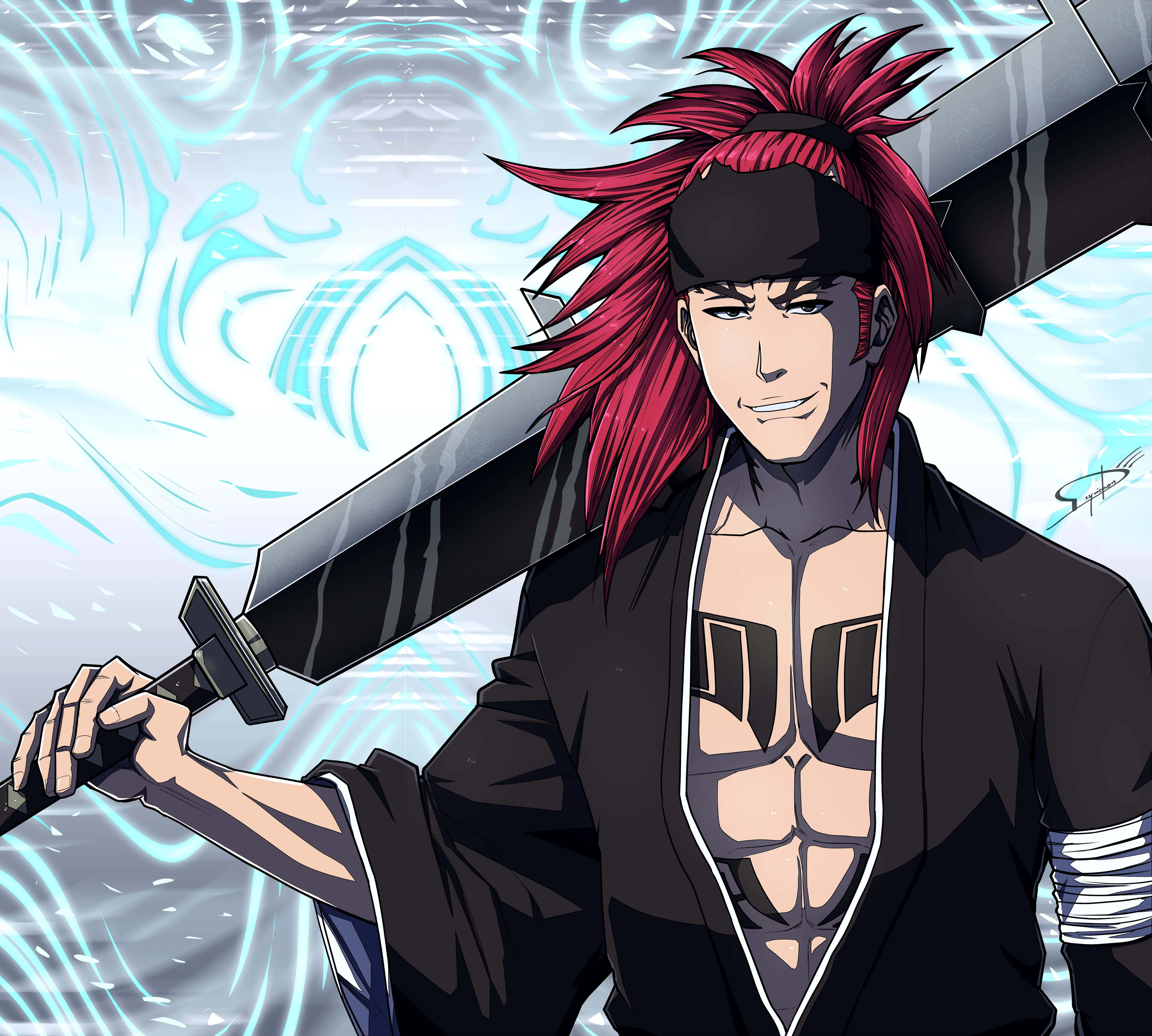 Renji Abarai 桌布 壁紙 — 一位紅髮動漫戰士戴著黑色頭帶，揮舞著一把大劍，背景是旋轉的藍色能量。
