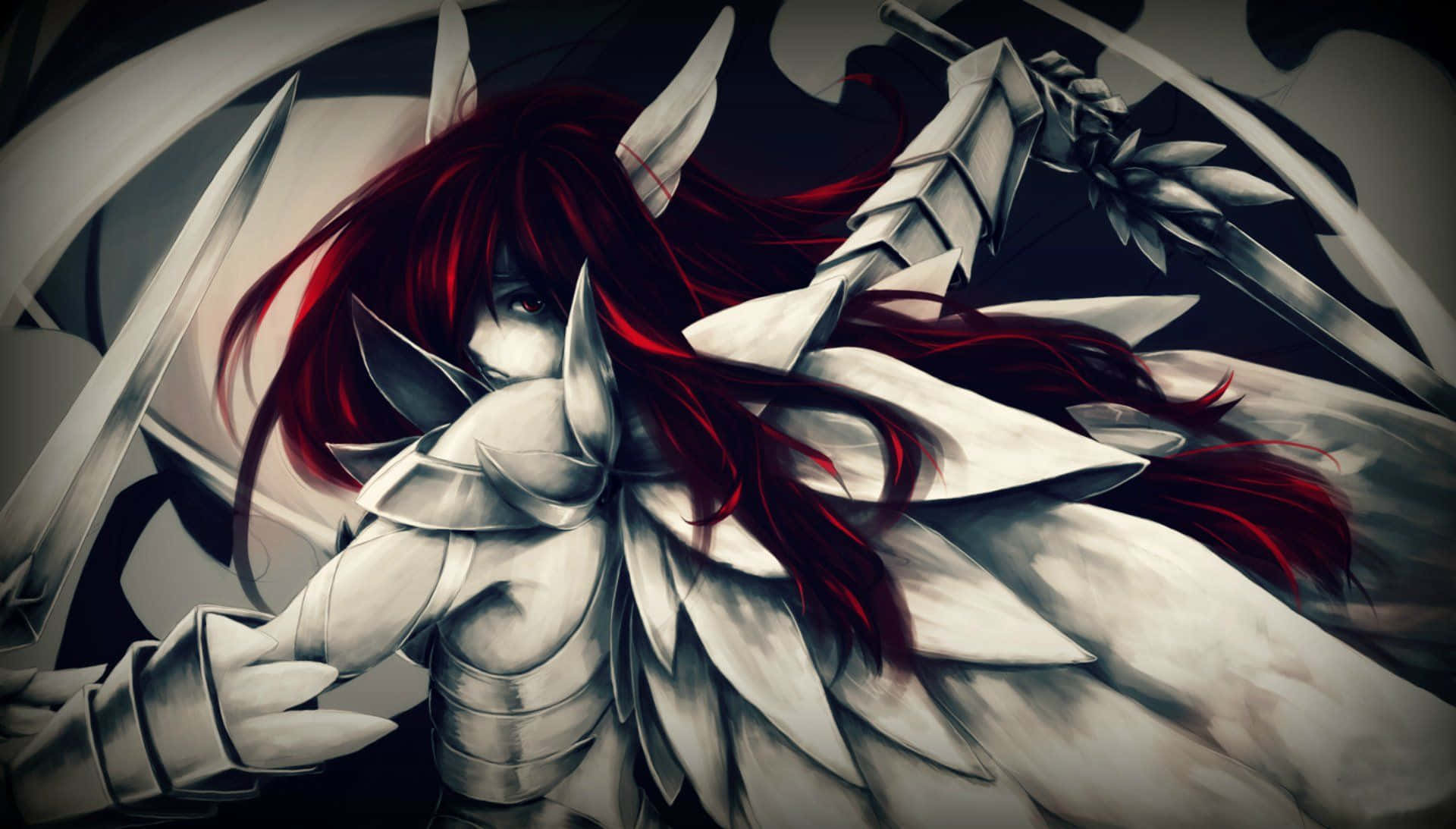 erza scarlet 桌布 壁紙 — 一位紅髮動漫戰士身穿白色盔甲，在旋轉的黑暗背景中揮舞劍。
