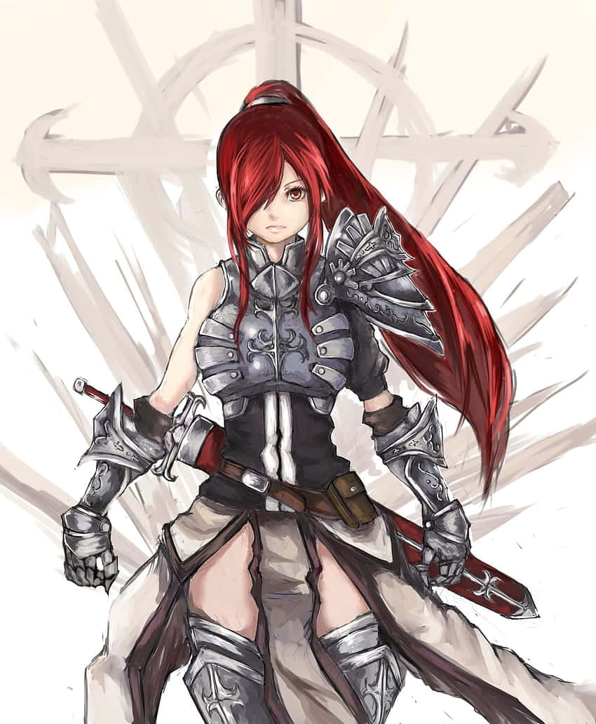 erza scarlet 桌布 壁紙 — 一位紅髮動漫戰士身穿精細的銀色盔甲，在風格化的十字架背景下，以堅定的目光握劍。