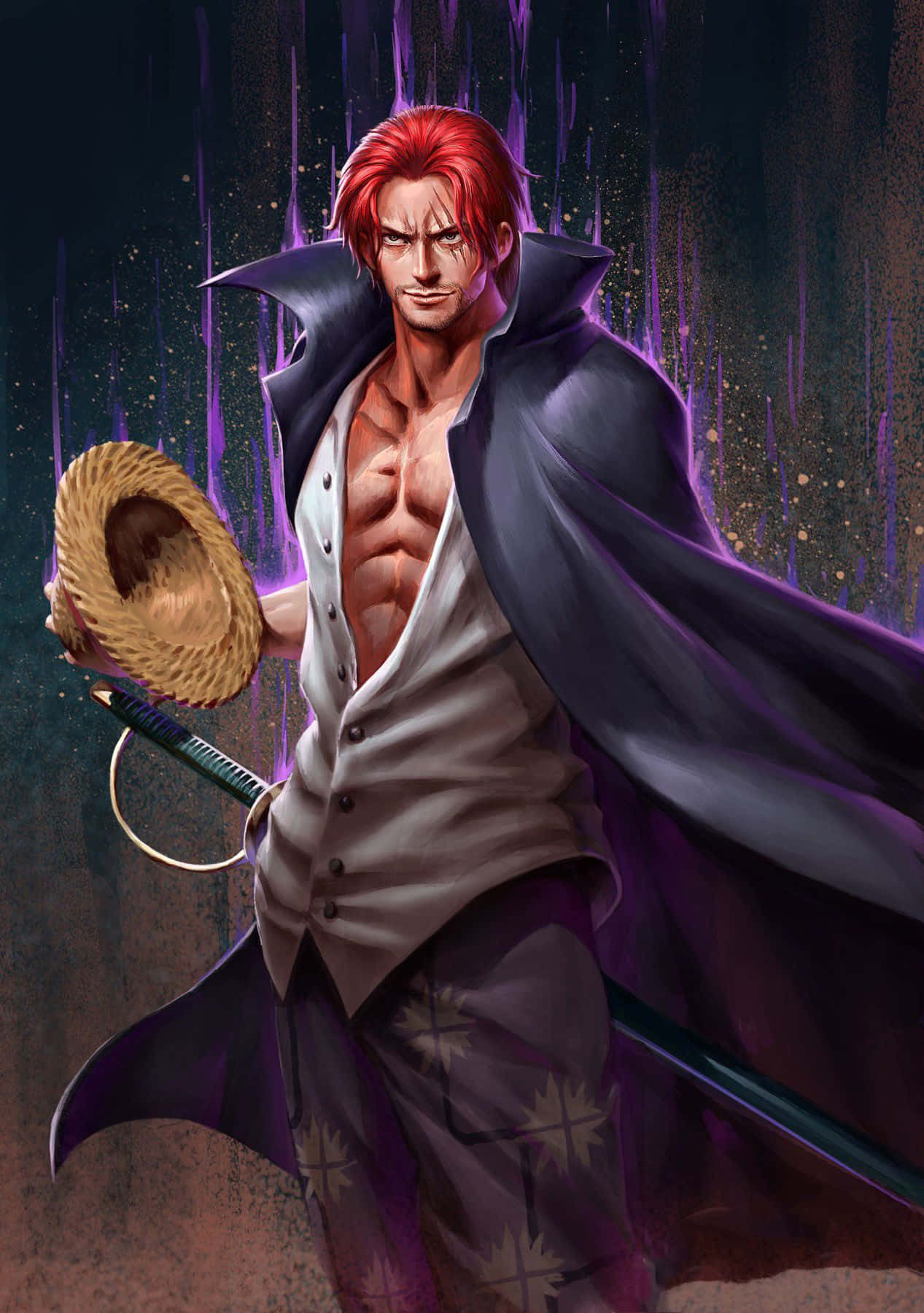 Yonko 桌布 壁紙 — 一位紅髮動漫戰士身穿紫色斗篷，在深紫色雨濺背景下手持草帽和劍。