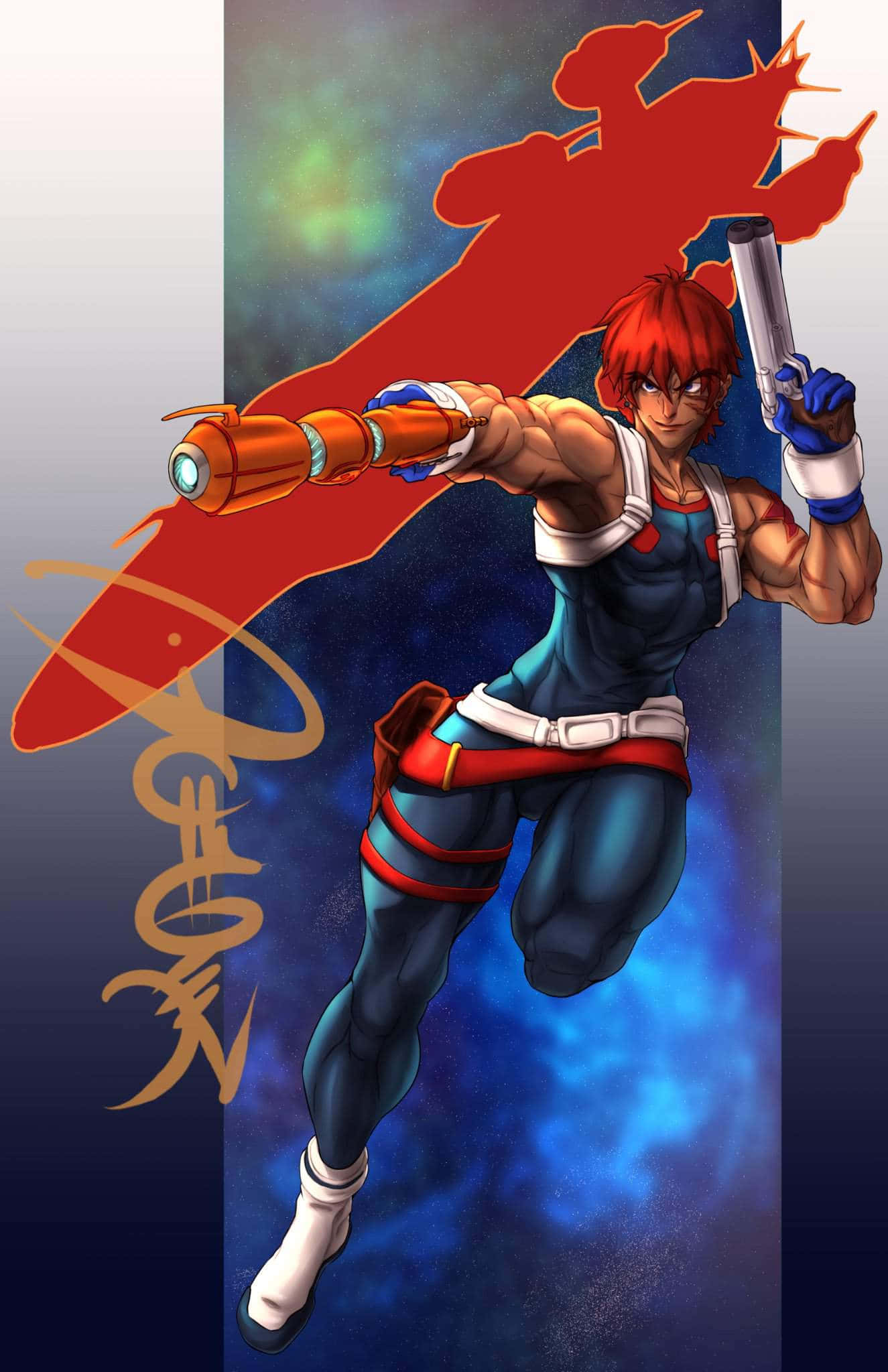 Outlaw Star 桌布 壁紙 — 一位紅髮動漫戰士身穿藍紅裝備，在宇宙背景下動態跳躍，揮舞著未來武器。