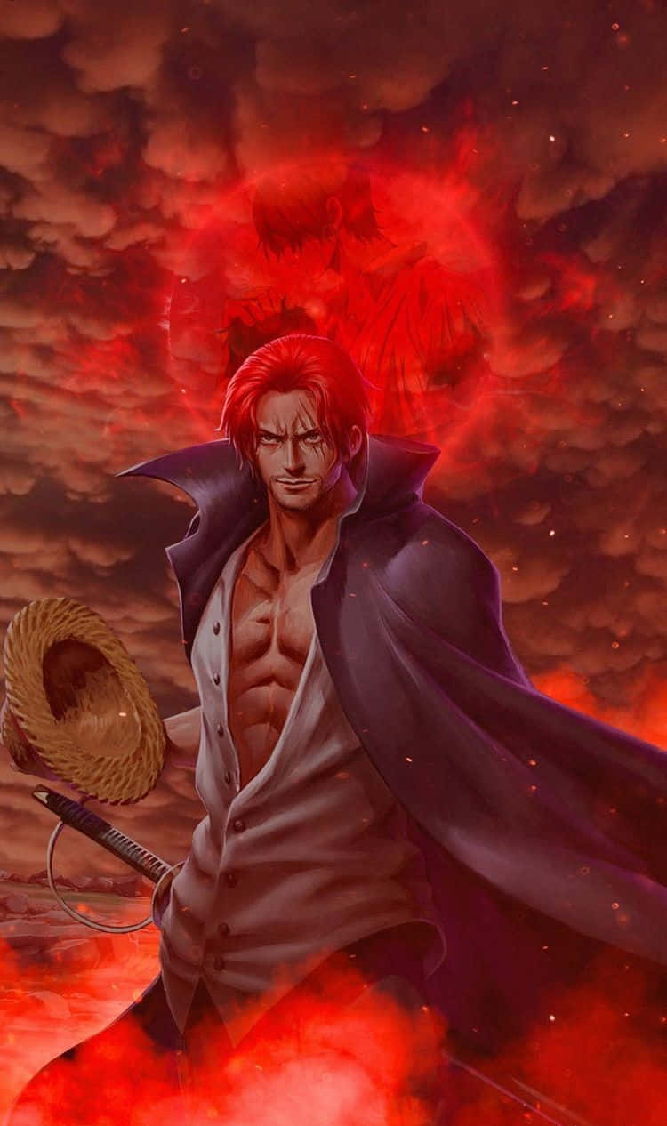 Yonko 桌布 壁紙 — 一位紅髮動漫戰士身穿黑色斗篷，在熾熱的紅色天空下，身後散發著發光的惡魔光環，挑釁地站立著。