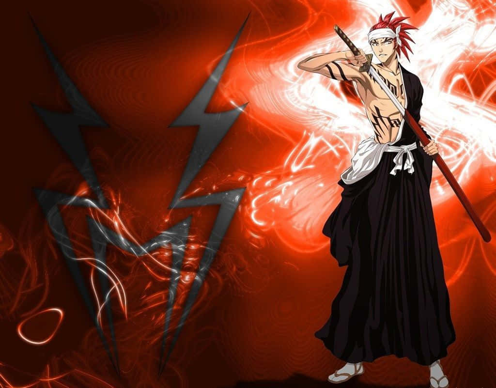 Renji Abarai 桌布 壁紙 — 一位紅髮動漫戰士身穿黑色長袍，在黑暗背景中揮舞著劍，周圍環繞著旋轉的紅色和白色能量。