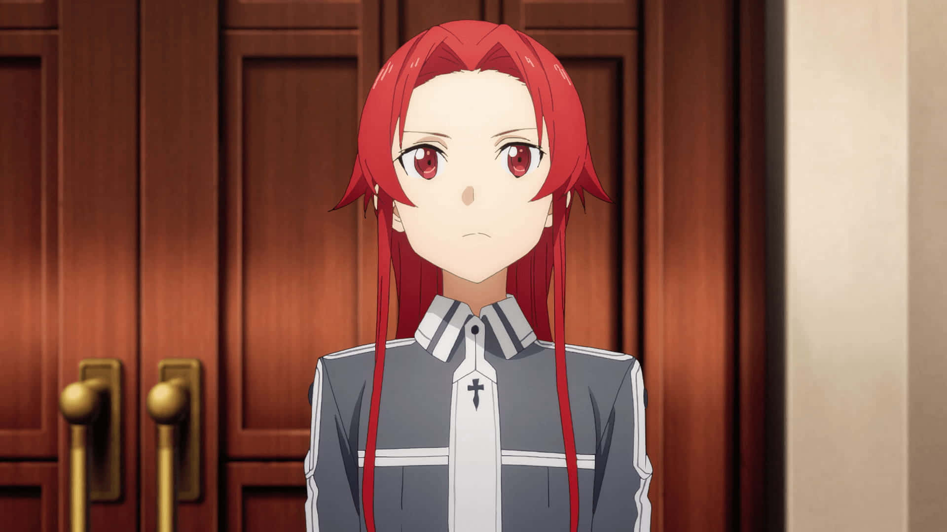 Tiese Schtrinen 桌布 壁紙 — 一位紅髮動畫女孩穿著灰色制服，站在一扇帶有金色把手的木門前。