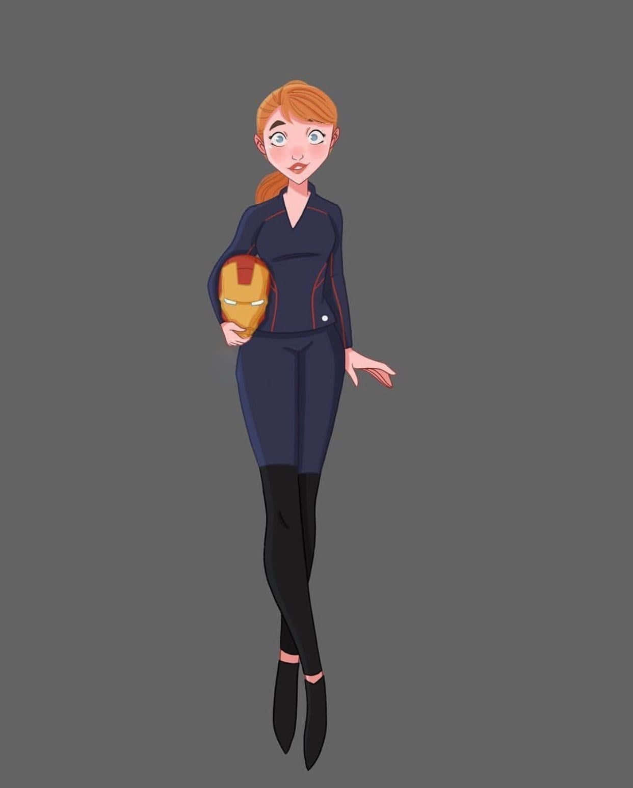 Pepper Potts 桌布 壁紙 — 一位紅髮卡通女性穿著深藍色西裝，在灰色背景前手持鐵甲奇俠頭盔。