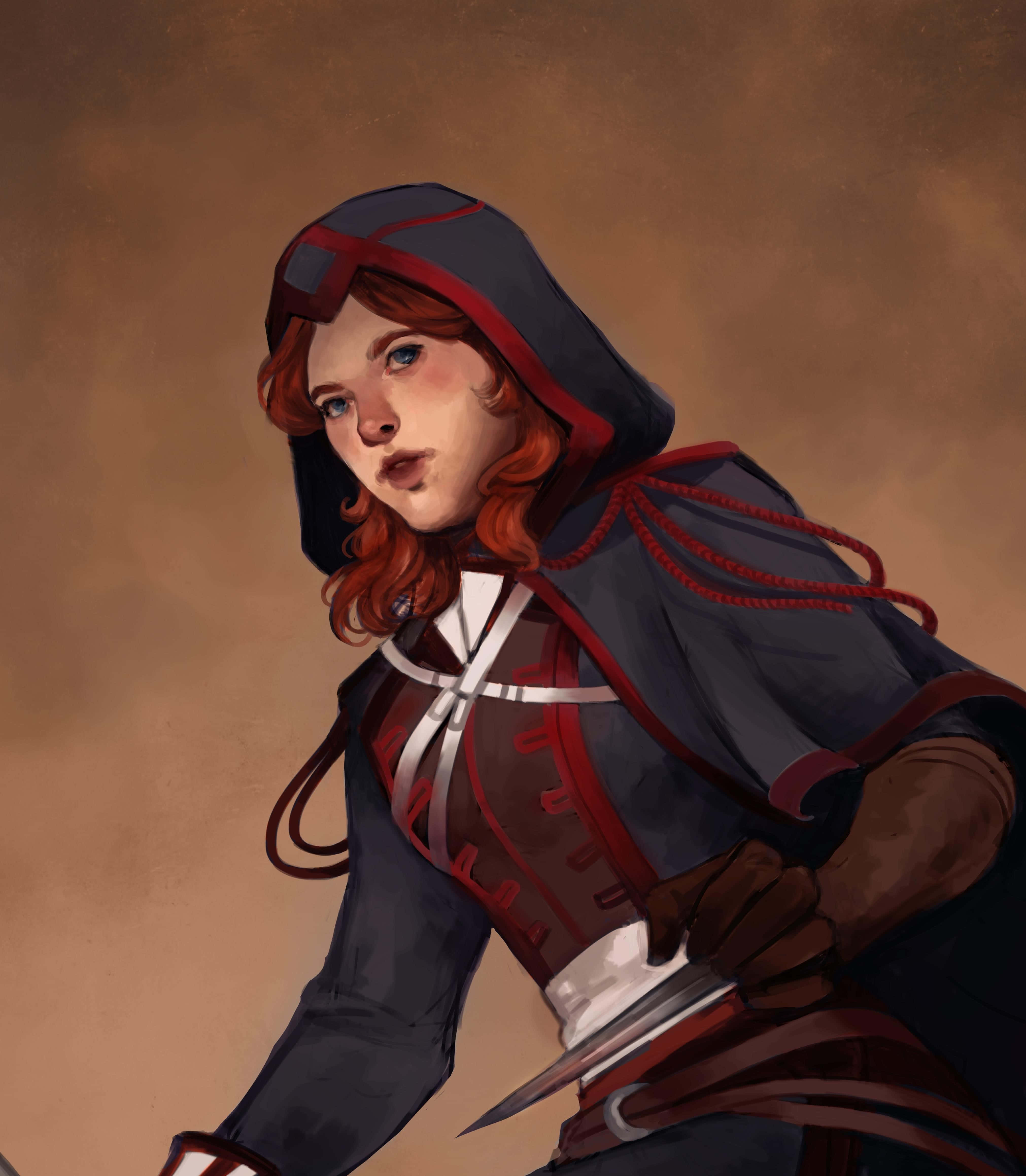 élise De La Serre 桌布 壁紙 — 一位紅髮女子身穿帶紅色飾邊的深色連帽斗篷，手持匕首，在柔和的棕色背景下，目光堅定地向前凝視。