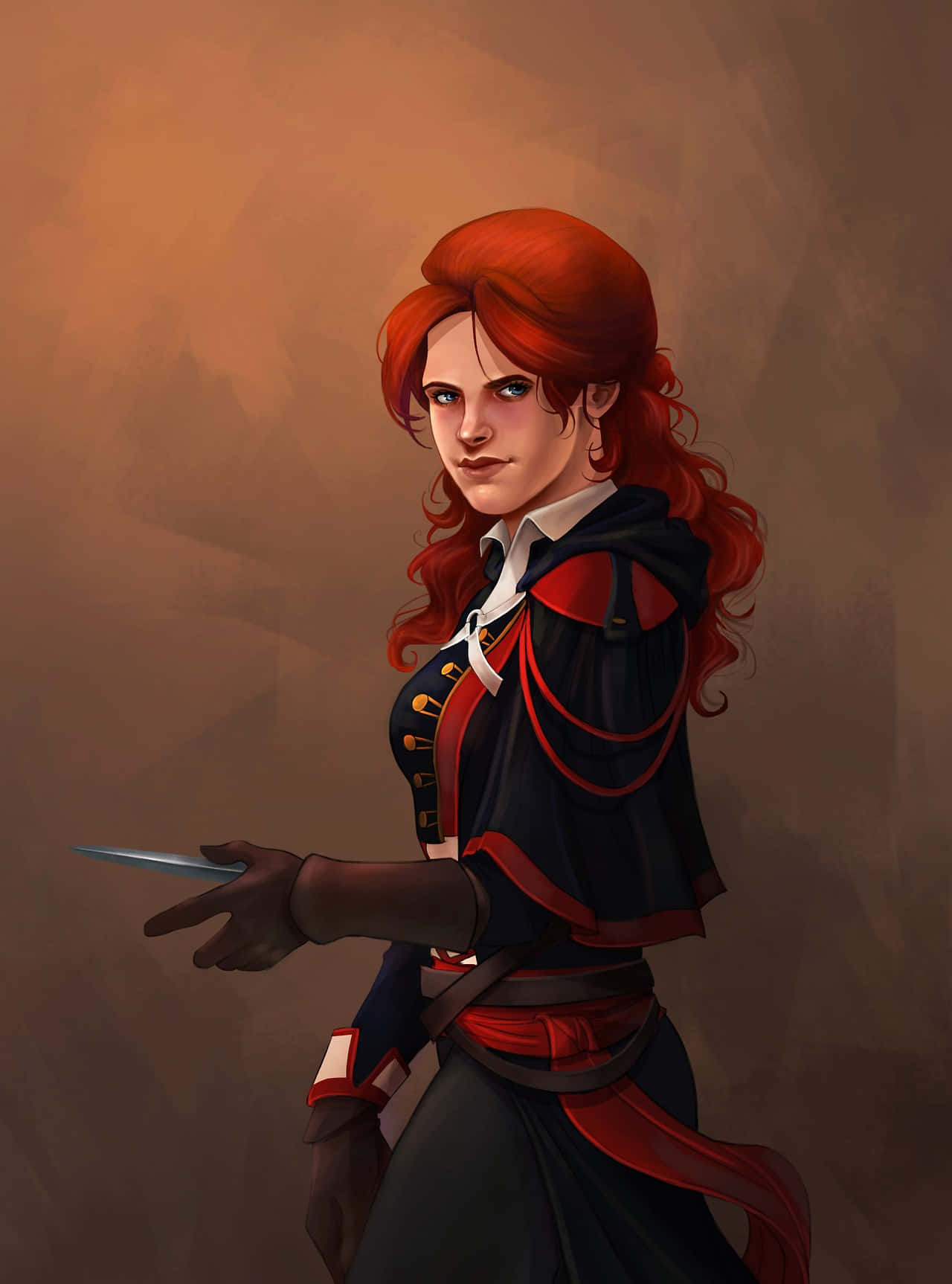élise De La Serre 桌布 壁紙 — 一位紅髮女子身穿深紅與黑色服裝，在溫暖漸變背景前，手握匕首，眼神堅定。