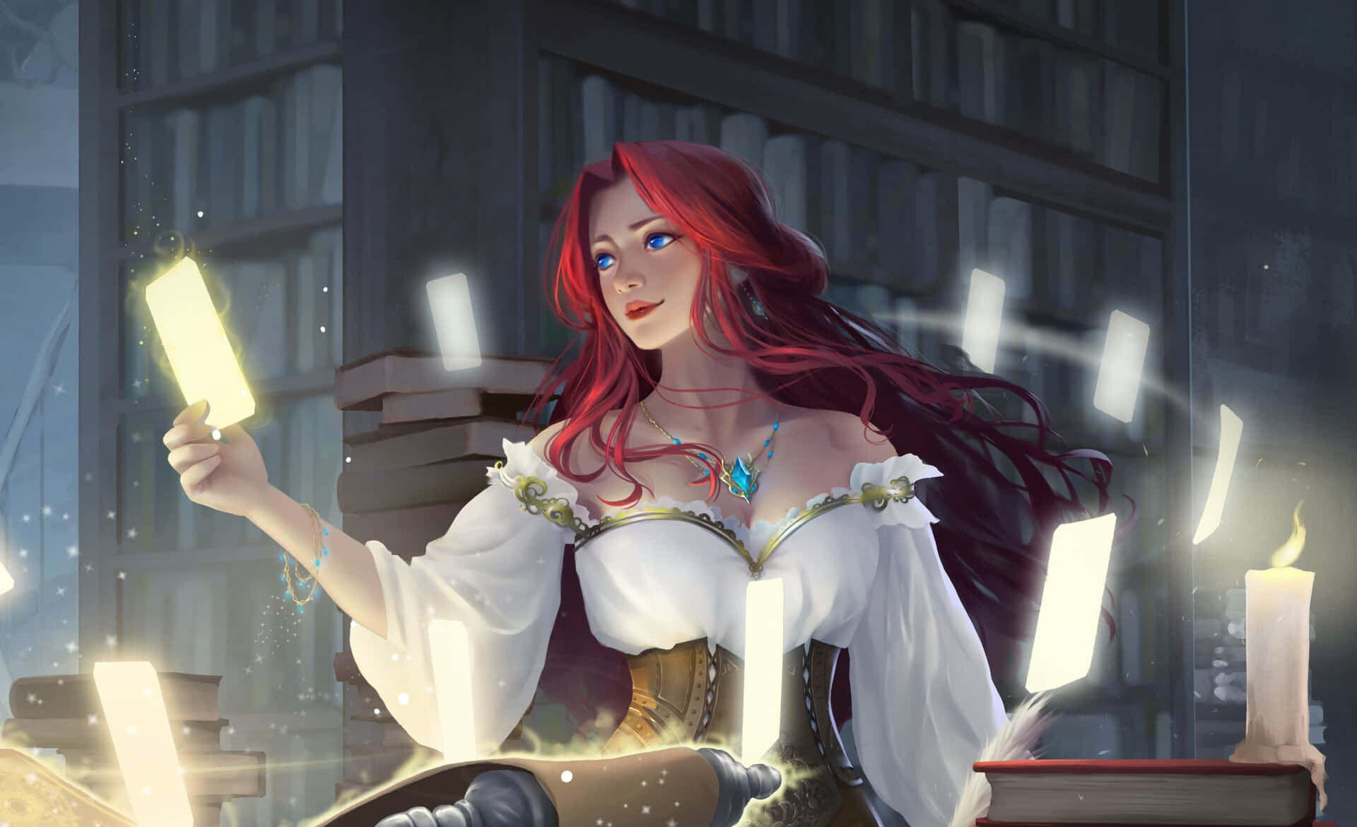 Fortune Teller 桌布 壁紙 — 一位紅髮女子身穿白色襯衫，在燭光圖書館中手持一本發光的書，周圍漂浮著書頁。