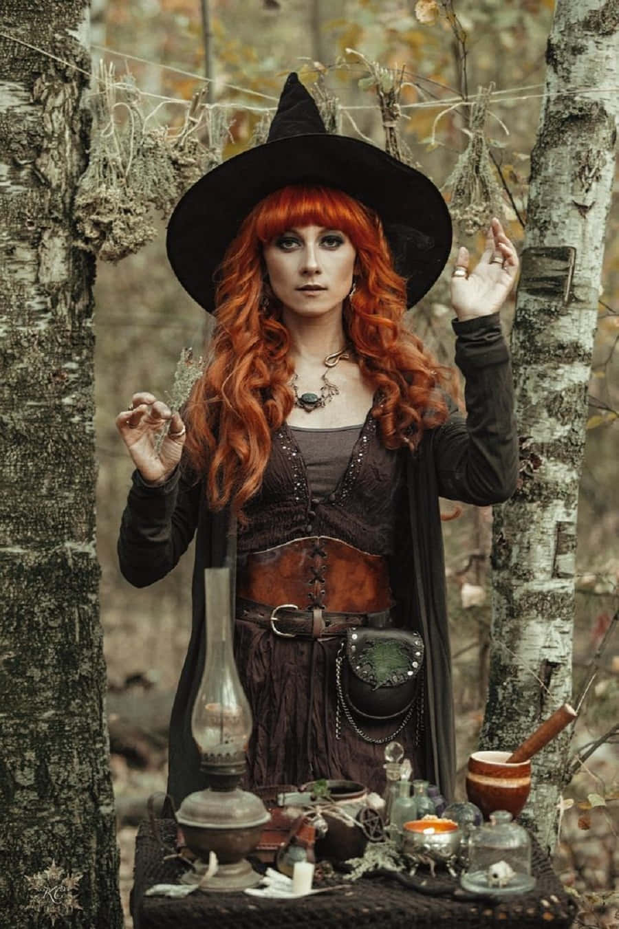 Witch Costumes 桌布 壁紙 — 一位紅髮女巫戴著黑帽站在森林中，桌上圍繞著神秘藥水和草藥。