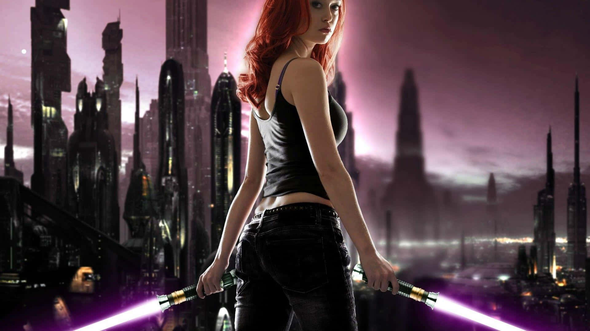 Lightsaber Duels 桌布 壁紙 — 一位紅髮女性在暮色紫天下，以高聳的未來城市摩天大樓為背景，揮舞著兩把發光的紫色光劍。