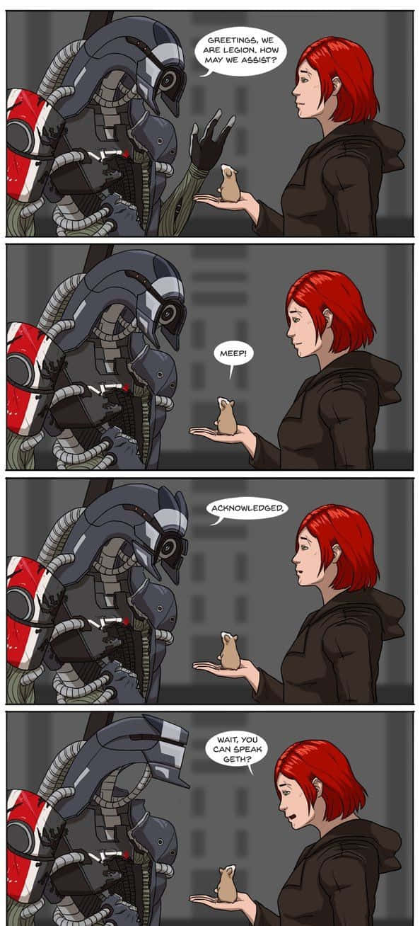 Mass Effect Legion 桌布 壁紙 — 一位紅髮女性在漫畫格序列中與一個抱著小生物的大型裝甲機械人互動。