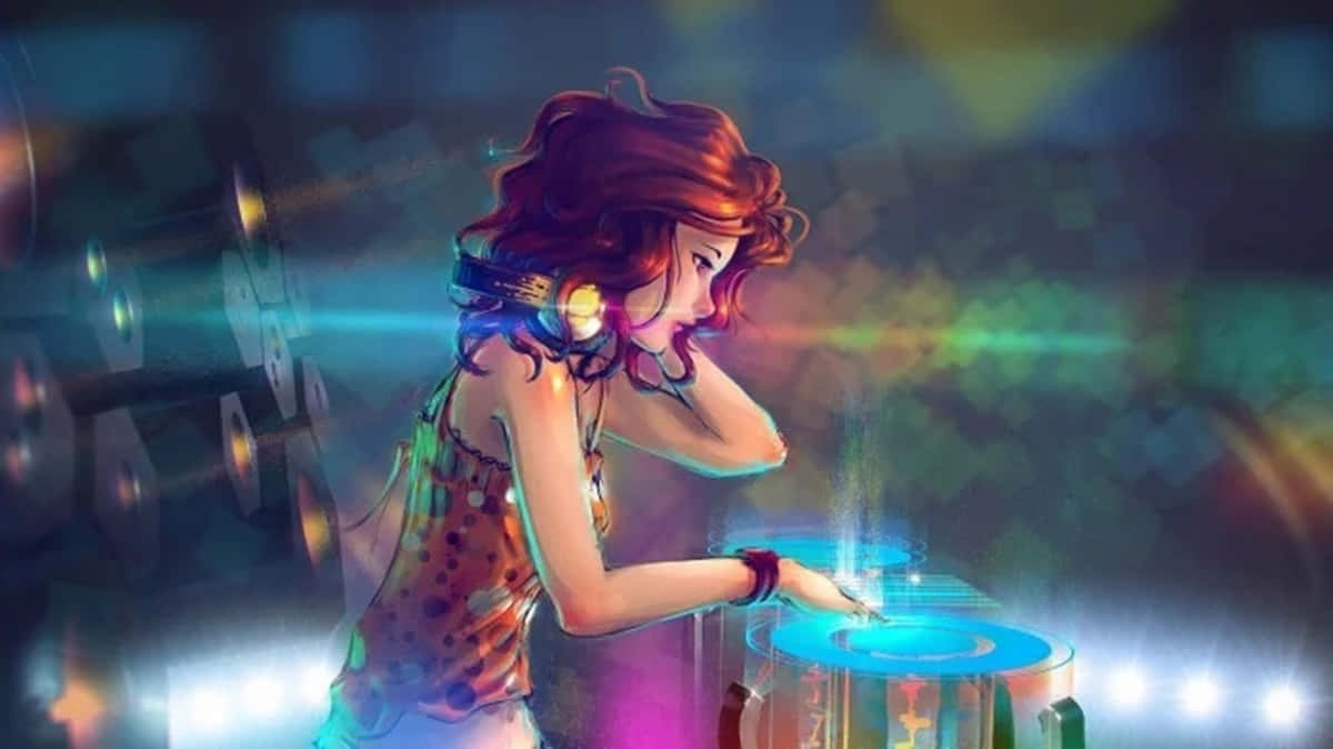 動畫 桌布 壁紙 — 一位紅髮年輕女性在俱樂部充滿活力的霓虹燈光下，在發光的唱盤上混音。