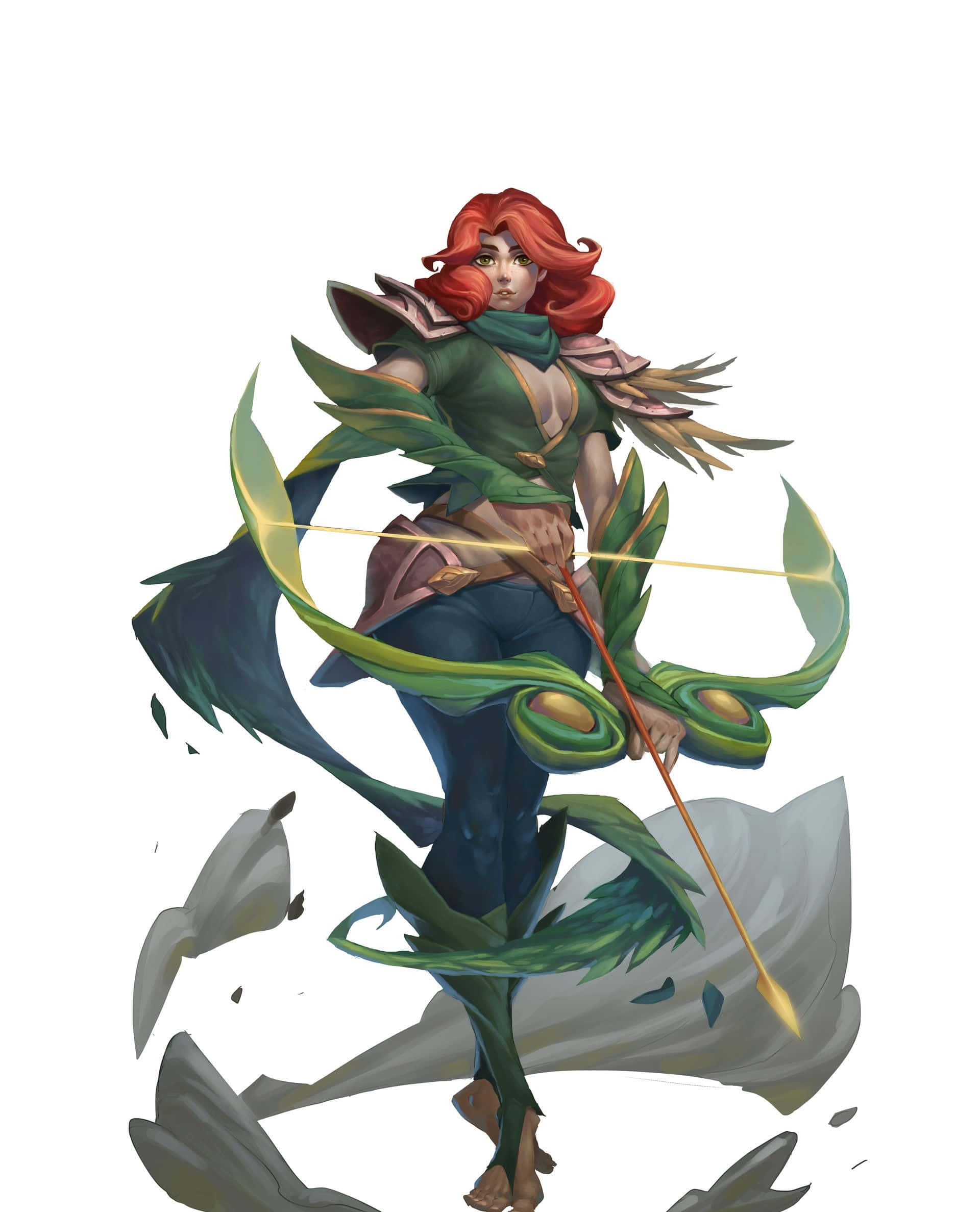 Windranger 桌布 壁紙 — 一位紅髮弓箭手穿著綠色葉子主題盔甲，在破碎的石塊碎片中拉開一把發光的弓。