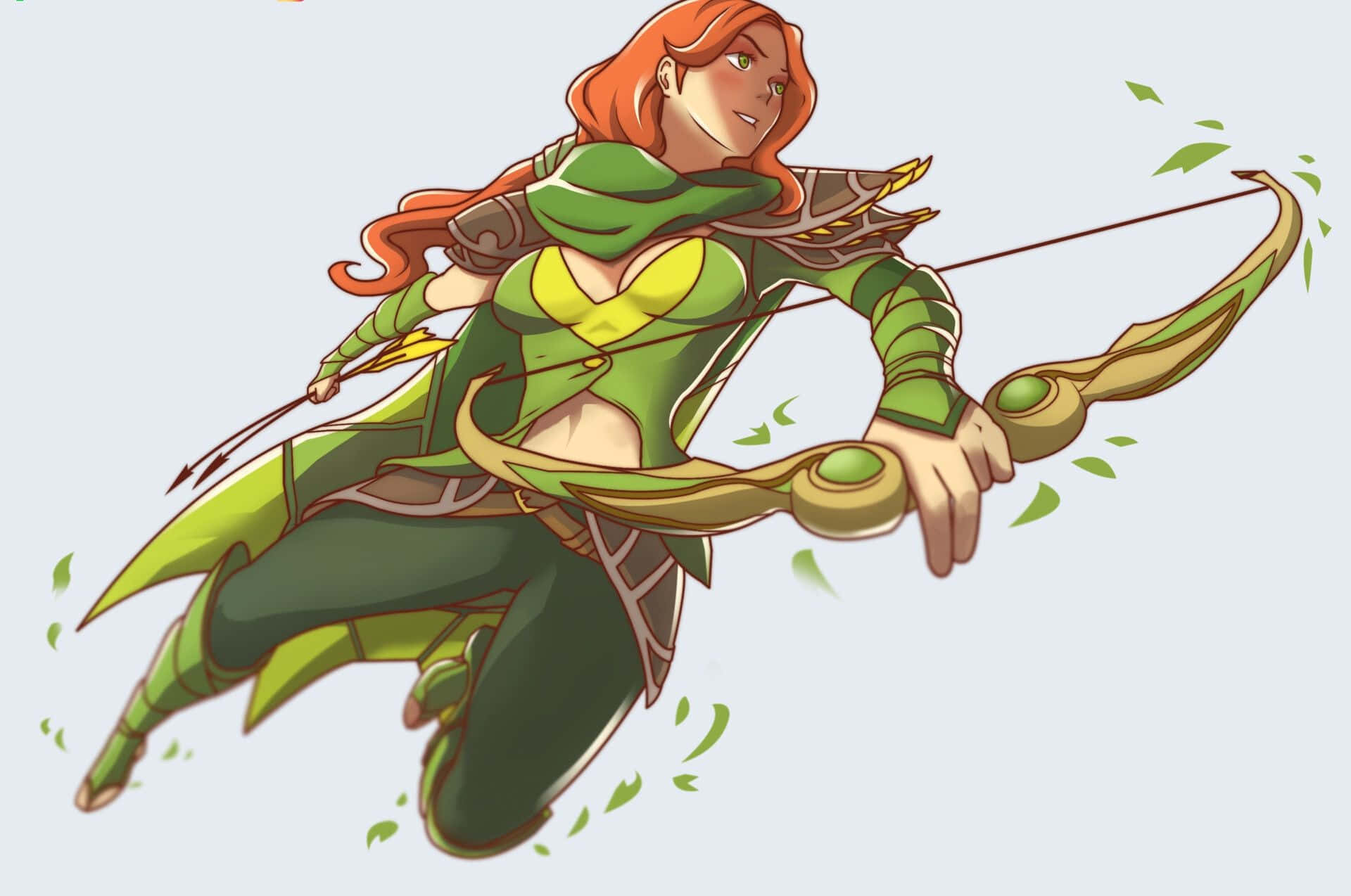 Windranger 桌布 壁紙 — 一位紅髮弓箭手身穿綠色盔甲，在素色背景前拉弓，周圍有飛舞的樹葉。