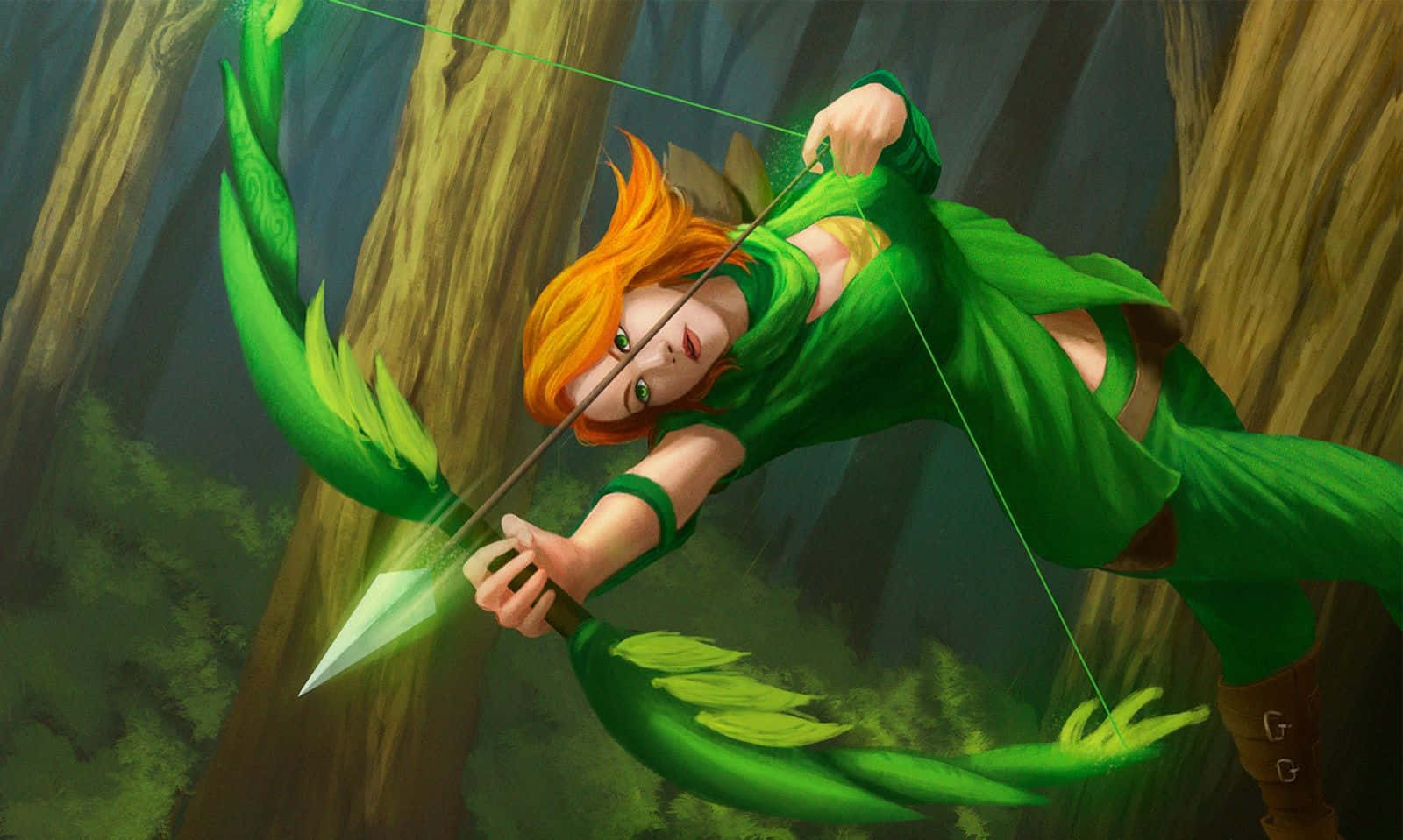 Windranger 桌布 壁紙 — 一位紅髮弓箭手身穿綠色長袍，在高聳的森林樹木之間拉開一張發光的樹葉弓。