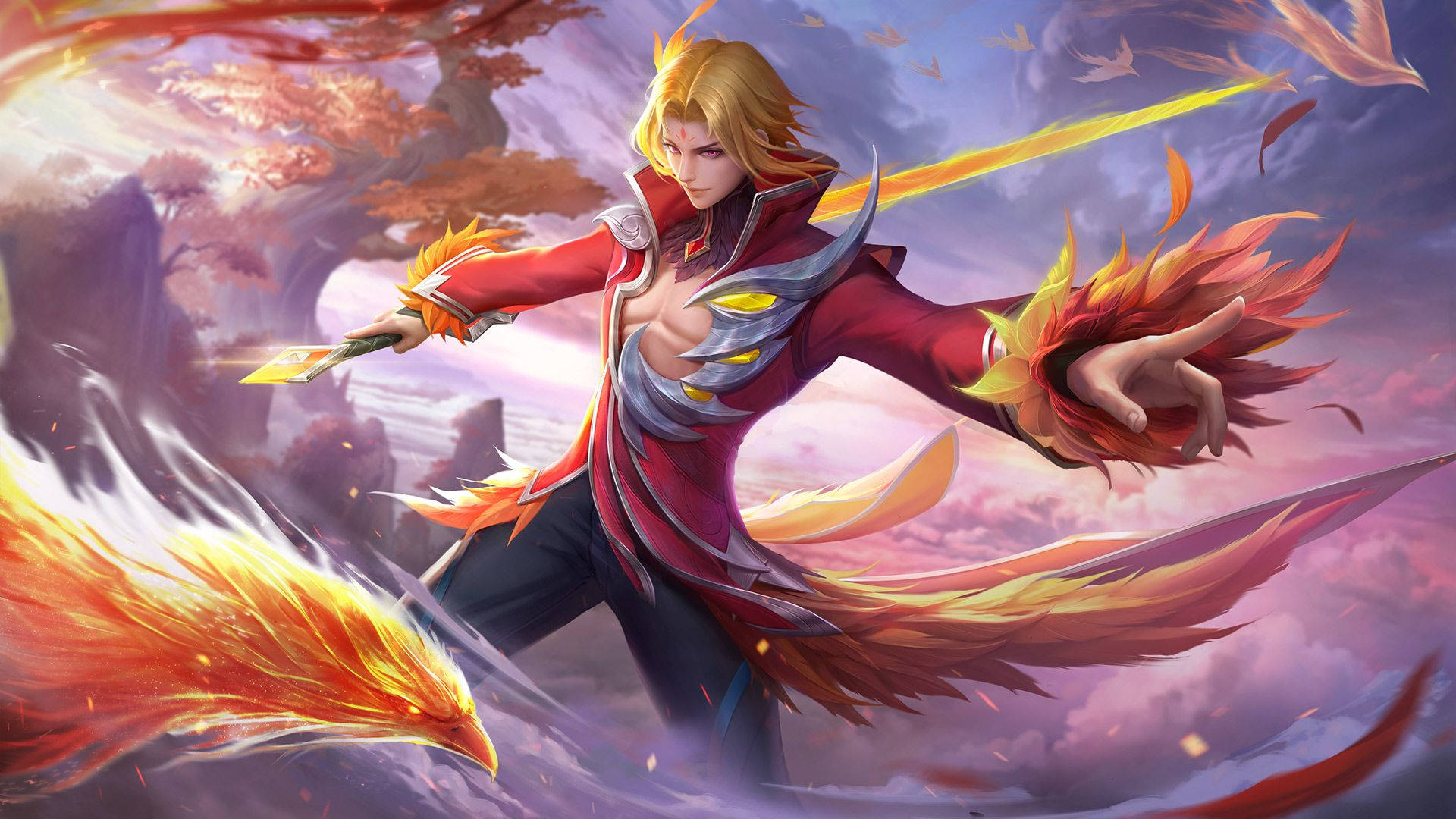Mobile Legends 桌布 壁紙 — 一位紅髮戰士身穿紅色盔甲，在暮色天空下，於旋轉的火焰和秋樹之間揮舞著發光的劍。