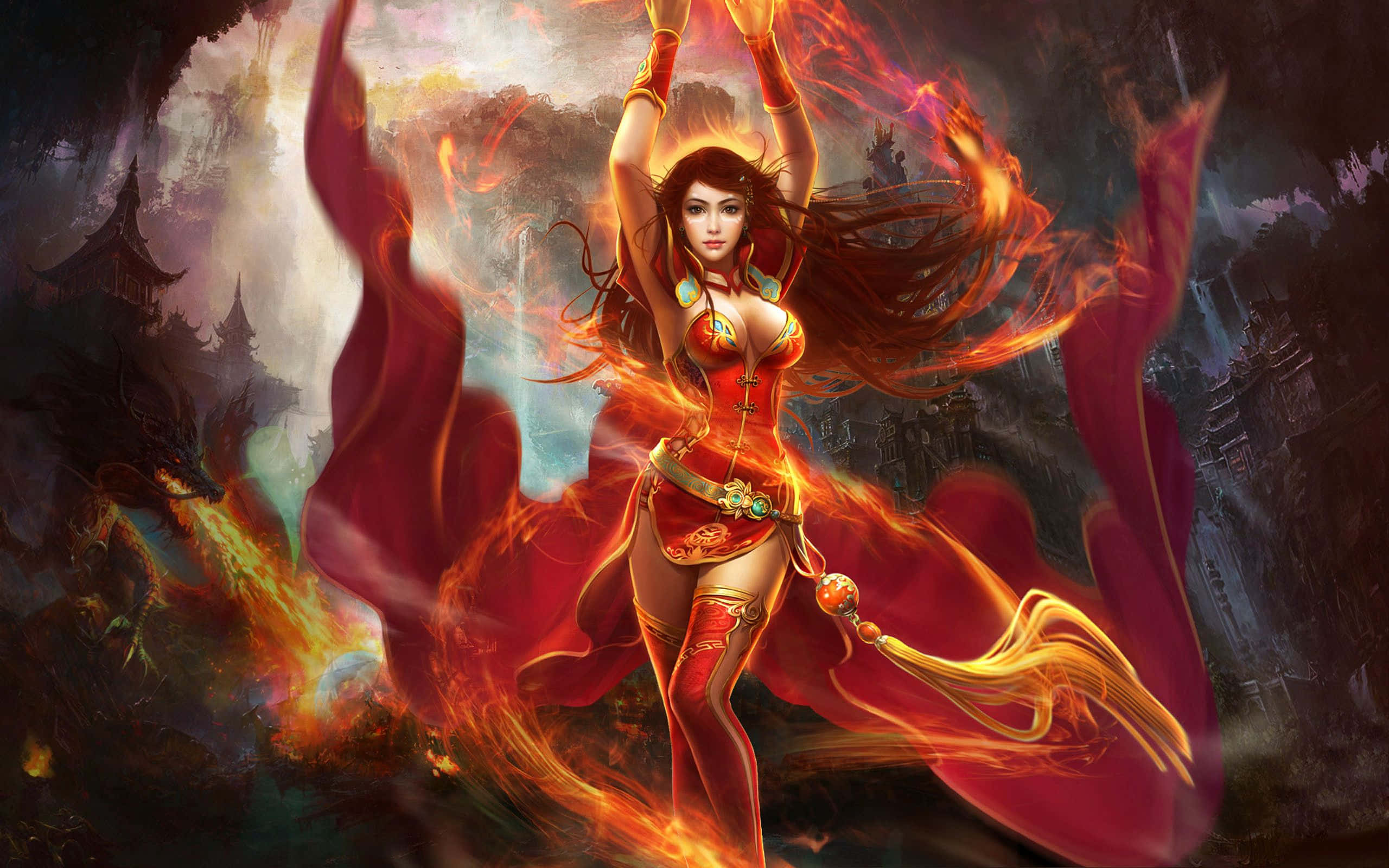 Dota 2 Lina 桌布 壁紙 — 一位紅髮戰士身穿紅色盔甲，高舉雙臂，在黑暗神秘的城市景觀中引導火焰。