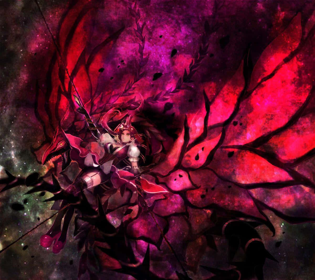 Akiza Izinski 桌布 壁紙 — 一位紅髮戰士騎著一頭巨大的深紅色龍，背景是宇宙紫色和紅色的星雲。
