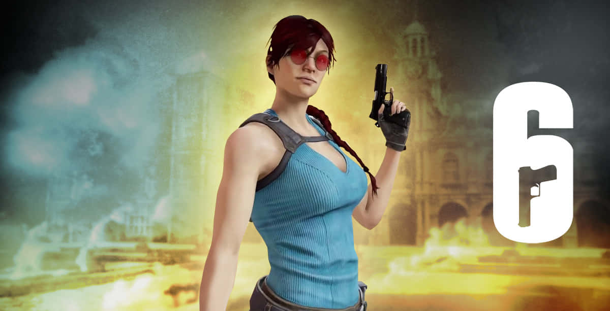 Rainbow Six Siege Ash 桌布 壁紙 — 一位紅髮戴太陽眼鏡的女性，在帶有巨大數字六的火焰背景前手持手槍。