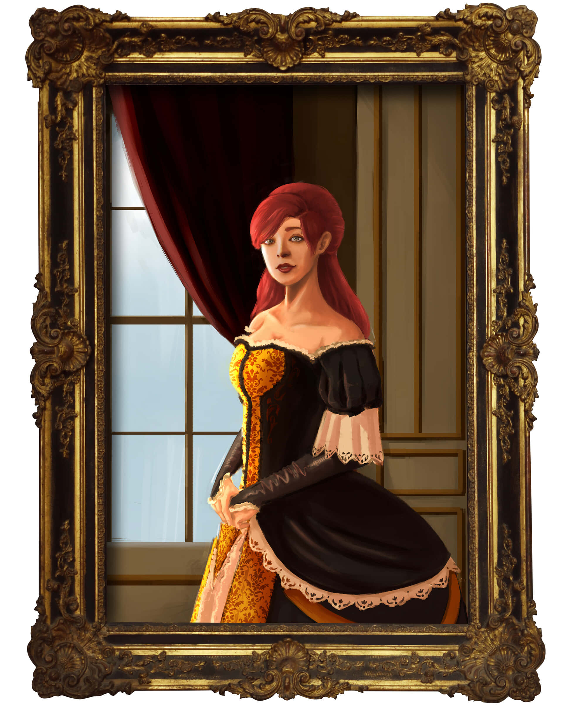 élise De La Serre 桌布 壁紙 — 一位紅髮的貴族女性身穿黑色與金色長袍，在華麗金色窗框旁優雅擺姿勢，配有紅色窗簾和柔和日光。