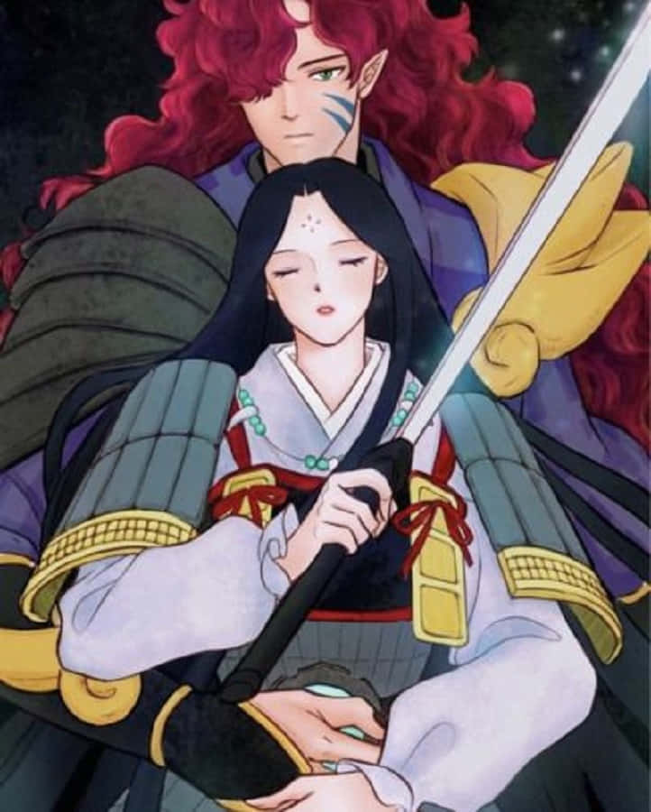 Kirinmaru 桌布 壁紙 — 一位紅髮精靈戰士手持劍，站在一位身穿傳統盔甲、手持武士刀的寧靜女武士身後。