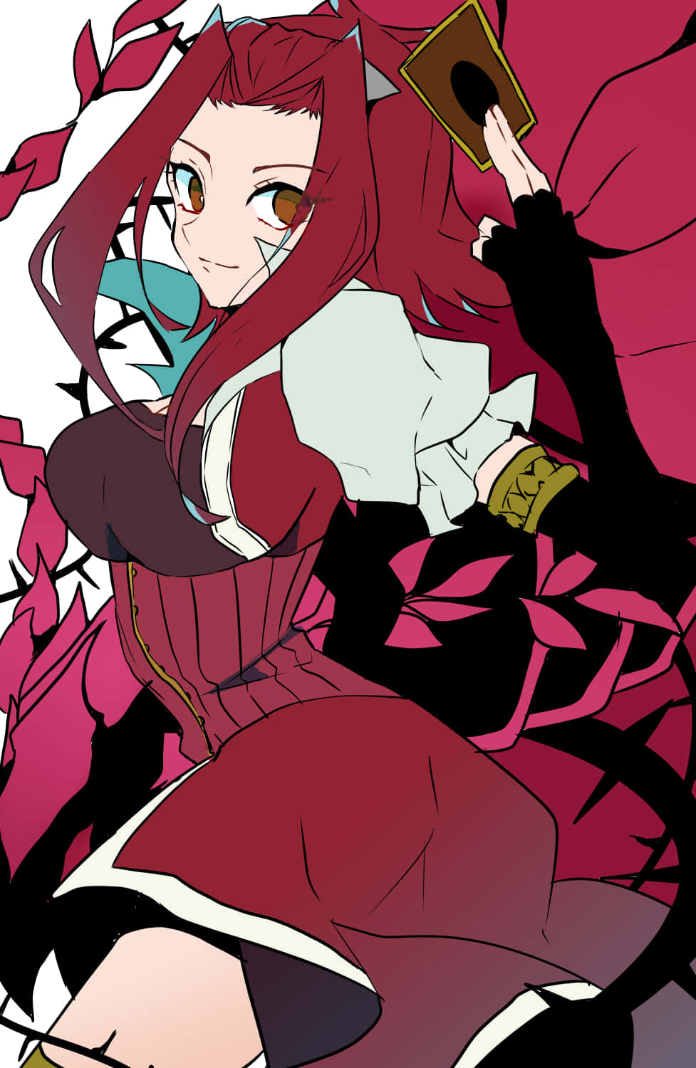 Akiza Izinski 桌布 壁紙 — 一位紅髮貓耳動漫女孩在風格化插圖中手持卡片，周圍環繞著粉紅色帶刺藤蔓。