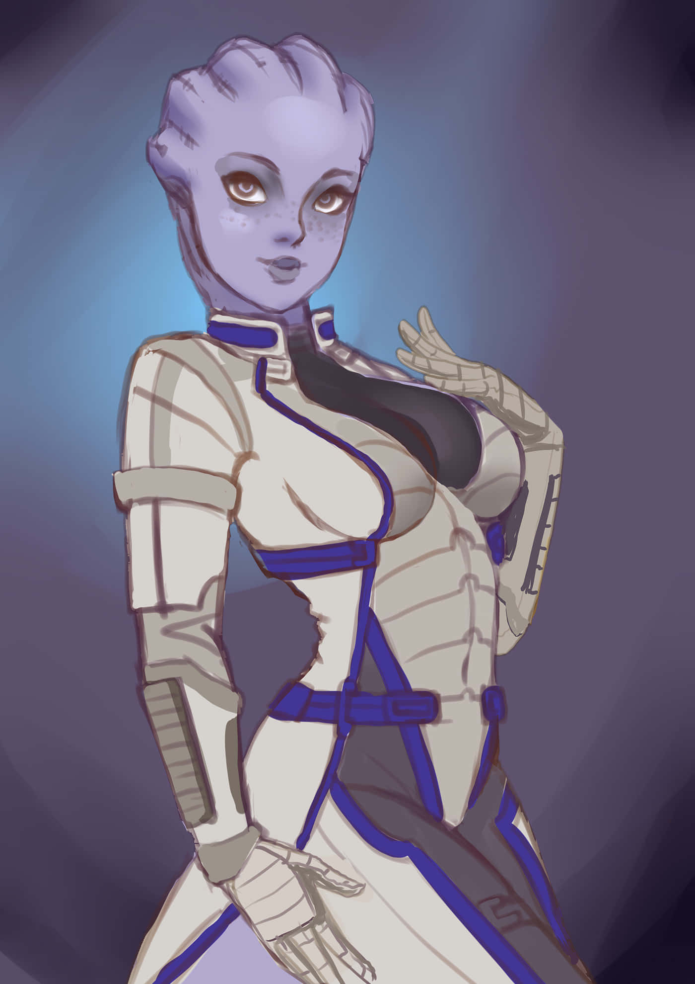 Liara T'soni 桌布 壁紙 — 一位紫色皮膚的外星女性穿著白色和藍色的裝甲服，在漸變藍色背景前自信地擺姿勢。